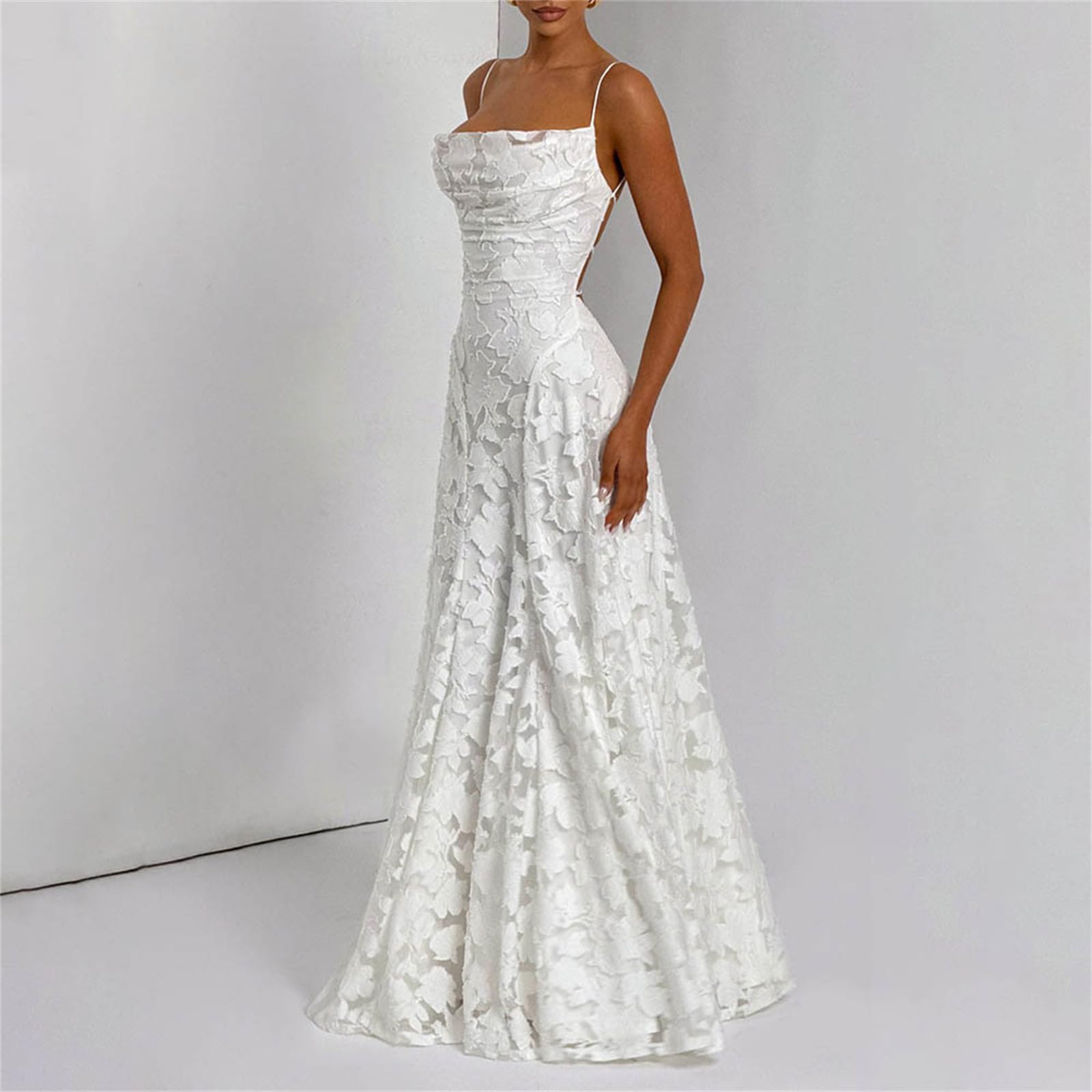 Abito da damigella d'onore con spalline sottili da donna, lungo maxi abito formale in jacquard per ospiti di matrimonio, applicazioni in pizzo