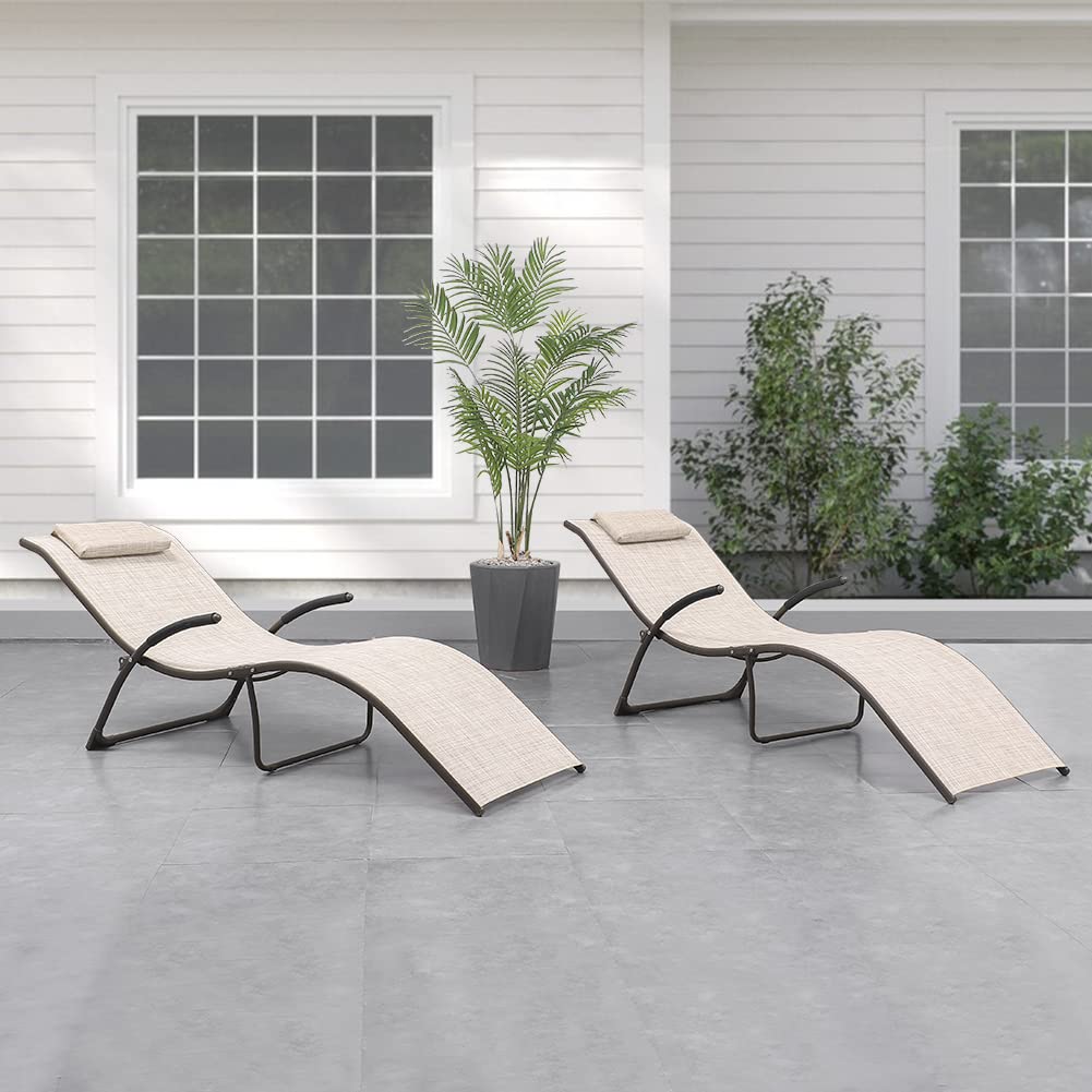 Crestlive Products Patio Chaise Lounge, Set of 2 Folding Outdoor Lounge Chairs, Pool Sunbathing Chai