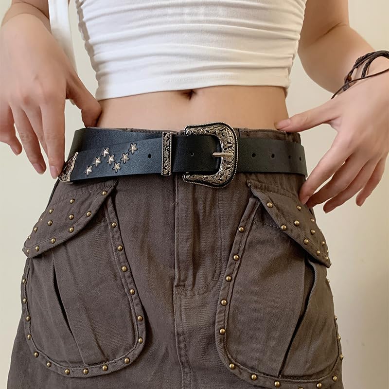 Y2k Star Studded Belts for Women Western Cowboy Cowgirl Vintage Grunge Engraved Buckle Leather Belt Punk Accessories2