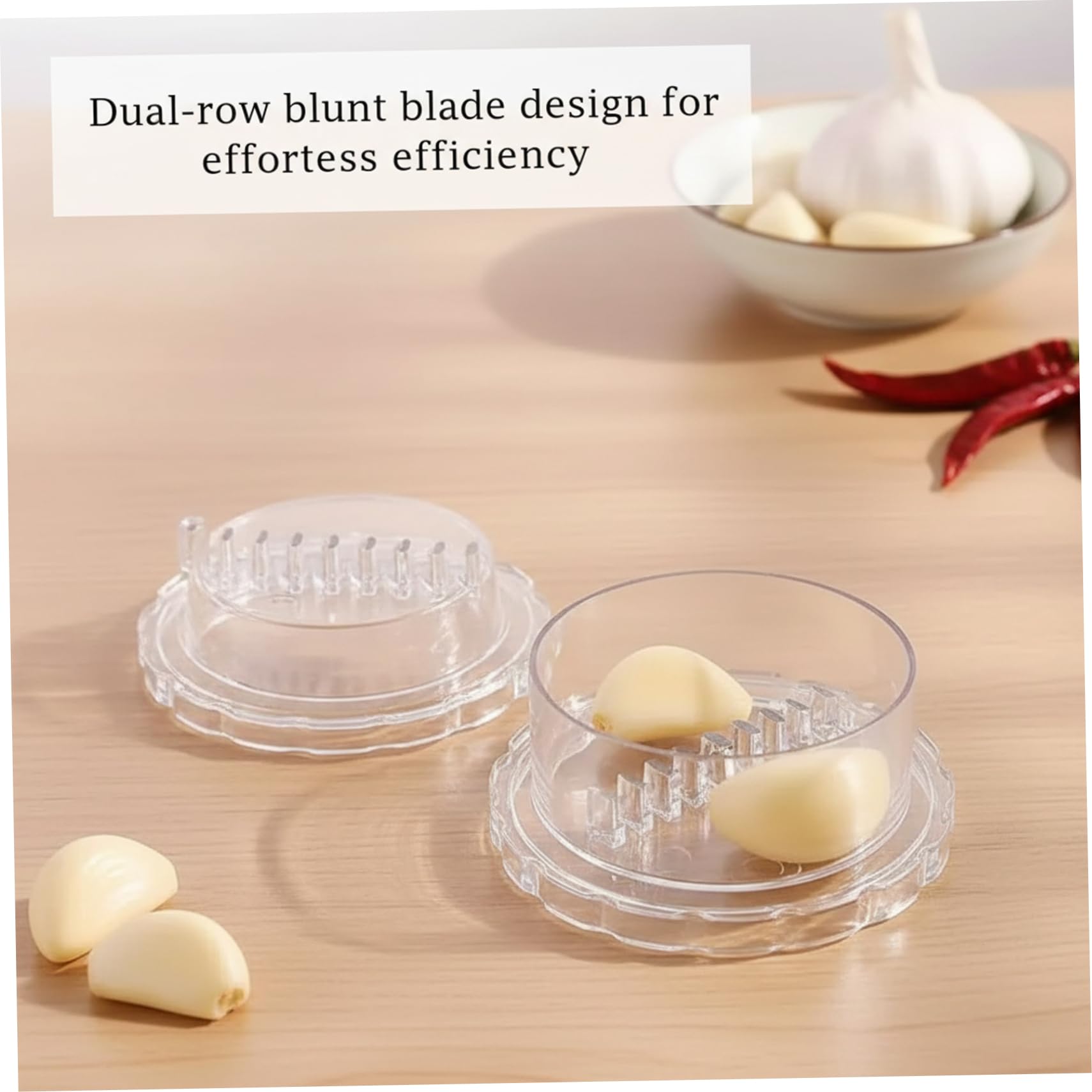 Trituradora de ajo, paquete de 2, herramienta para picar ajos de plástico transparente con molinillo giratorio, utensilio de cocina fácil de girar y sin ensuciar