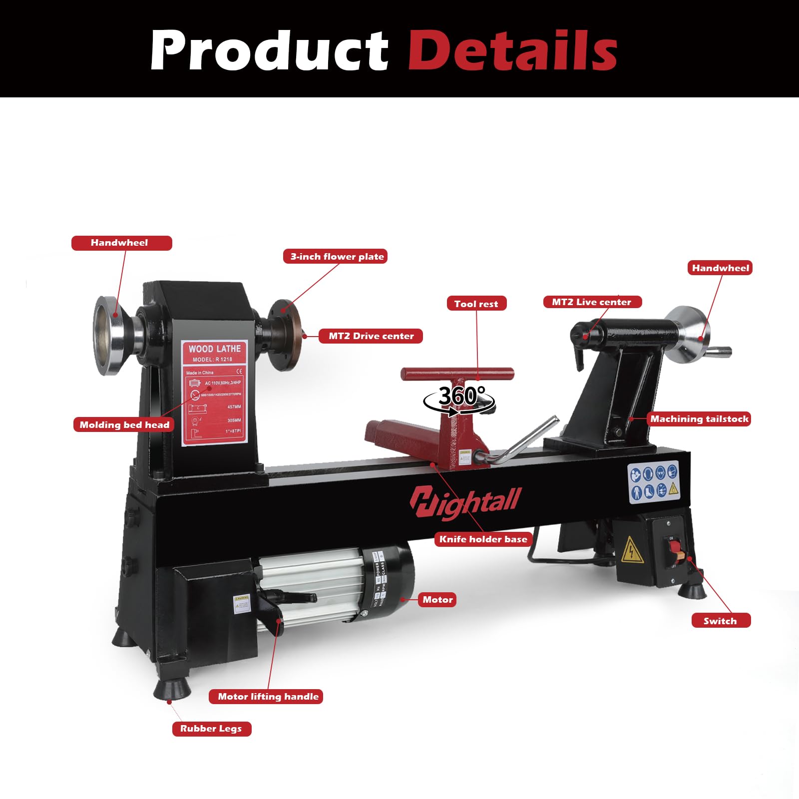 Tornio in legno, 12 x 18 pollici, 550 W 3/4 HP, 5 impostazioni di velocità 680-2770 RPM, tornio da tavolo con MT2 Drive/Live Center
