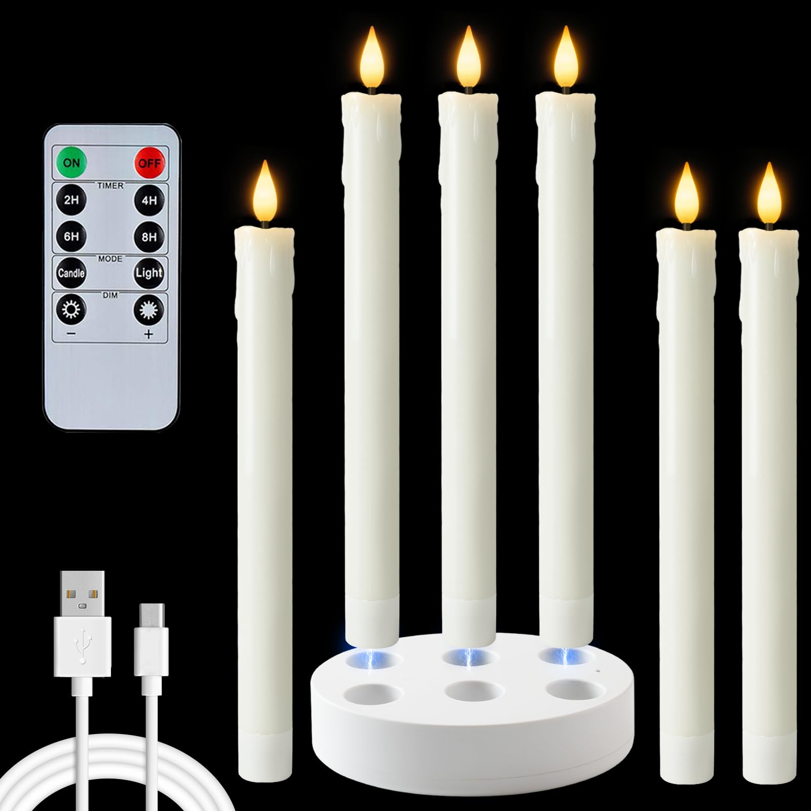 Homemory Candele cerose ricaricabili senza fiamma, 24 cm, LED tremolanti, candele per finestre con timer e dimmer per Natale, matrimoni, decorazione per la casa, bianco, 6 pezzi