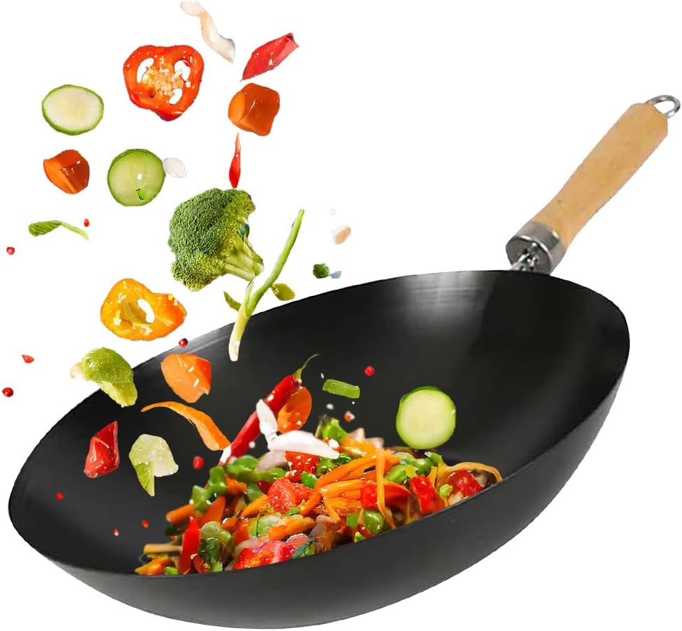 BARGAINS-GALORE 25cm Non Stick Wok - Fry Asian Frying Pan Two Wooden Handle Kitchen Pot Grill Cook Chinese | Classic | Non-Induction, Wooden Handle, Flat Base Pan