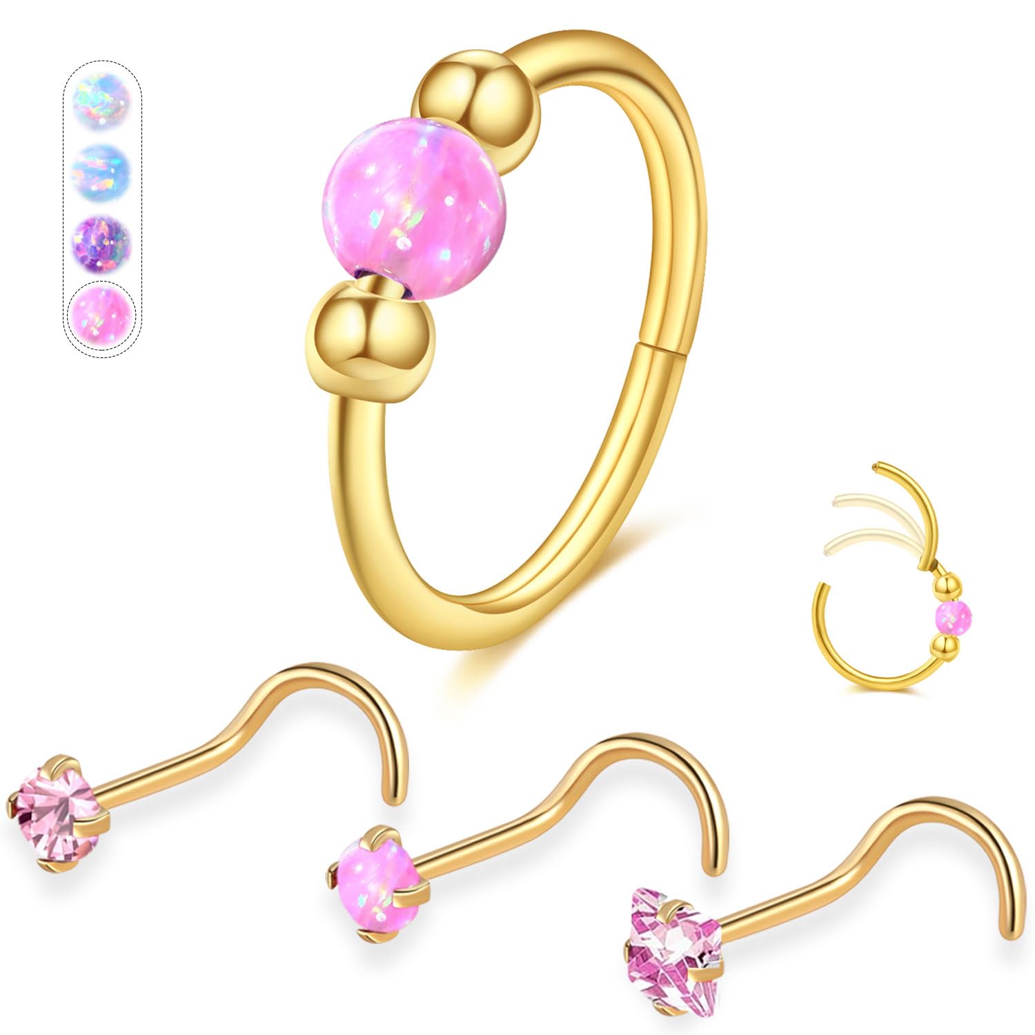 Opal Nose Ring Studs Horseshoe Nose Rings Hoops Stud 316L Stainless Steel Nose Rings Round CZ Square Screw L Shaped Nose Stud Hypoallergenic Nostril Piercing Jewelry for Women Men