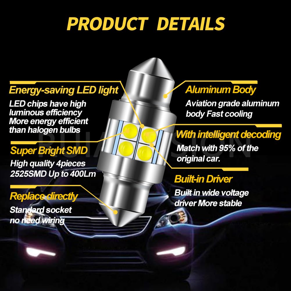 10 szt. LED Ruiandsion 31mm 6-30V Canbus 400lm 6000K biała | Szerokie napięcie 6–30V, bez polarności, dekoder Canbus bez błędów do wnętrza auta