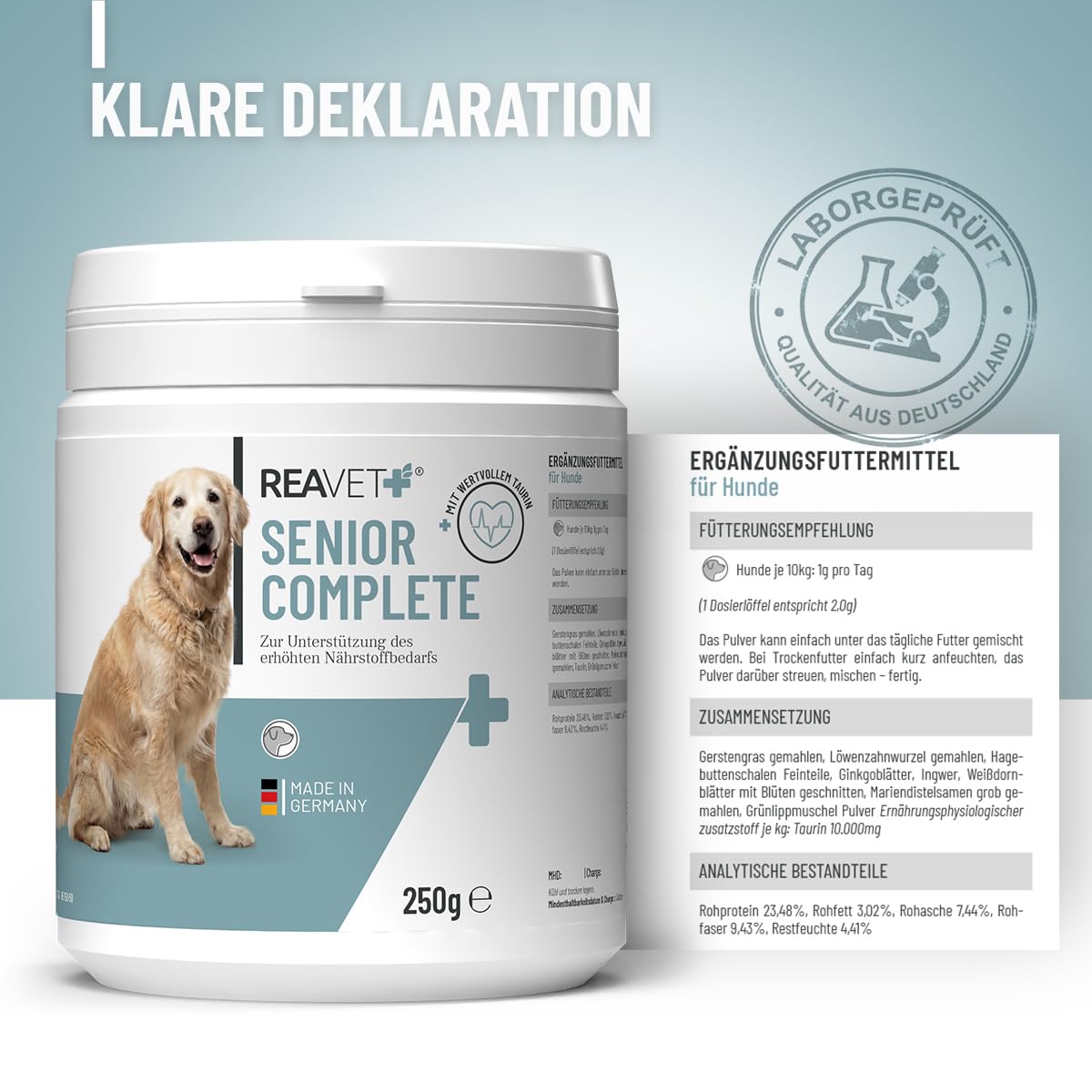 ReaVET Senior Complete Pulver für ältere Hunde, Seniorenhunde – zur Unterstützung von Gedächtnis- & Herzfunktion, mit Grünlippmuschel & Taurin für Beweglichkeit & Vitalität im Alter I 250g