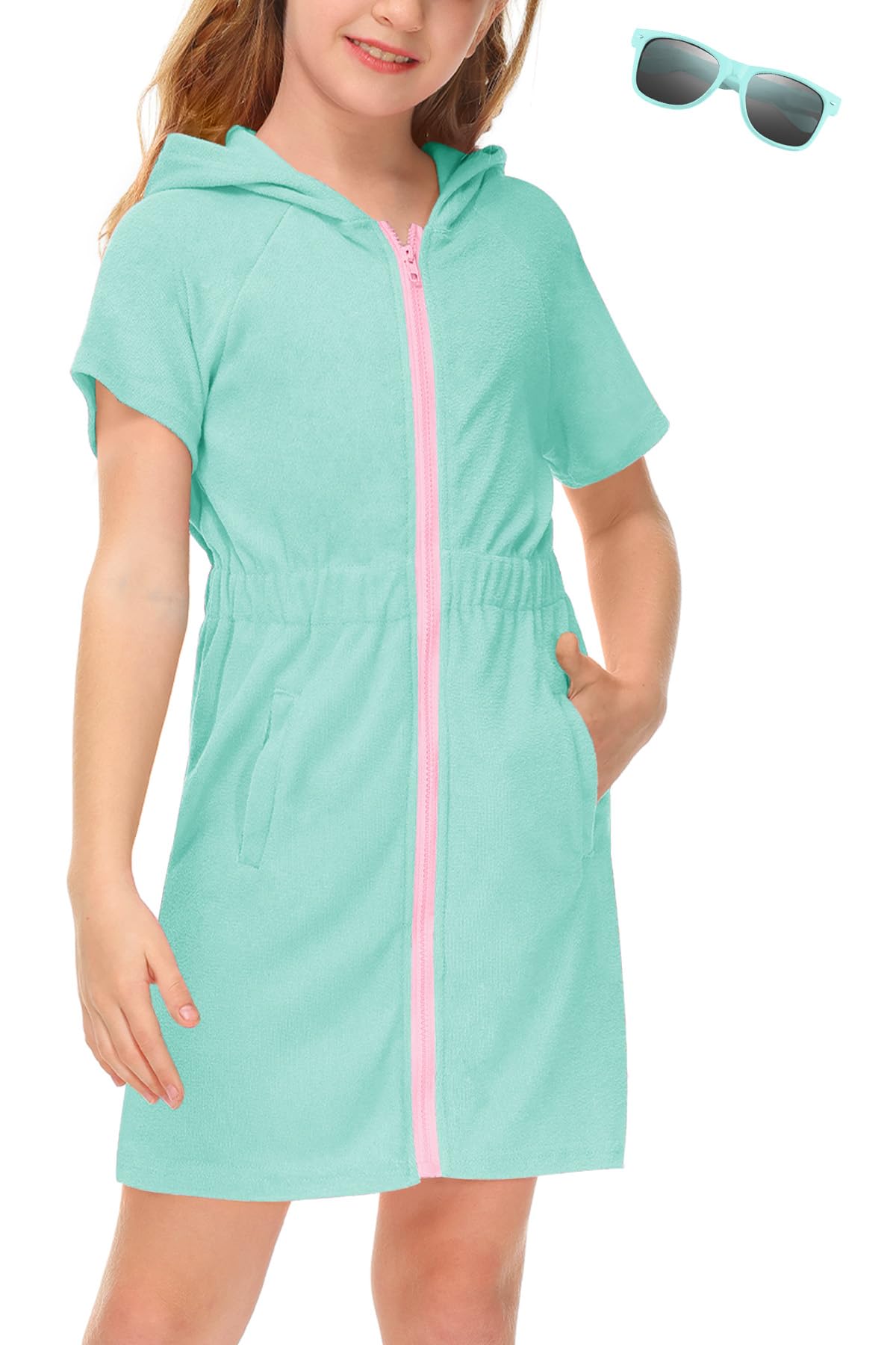 BesserBay Girls Swim Cover Up Beach Bathing Suit Coverups for Swimwear Zip-Up Terry Cloth Robes with Sunglasses 6-14 Years