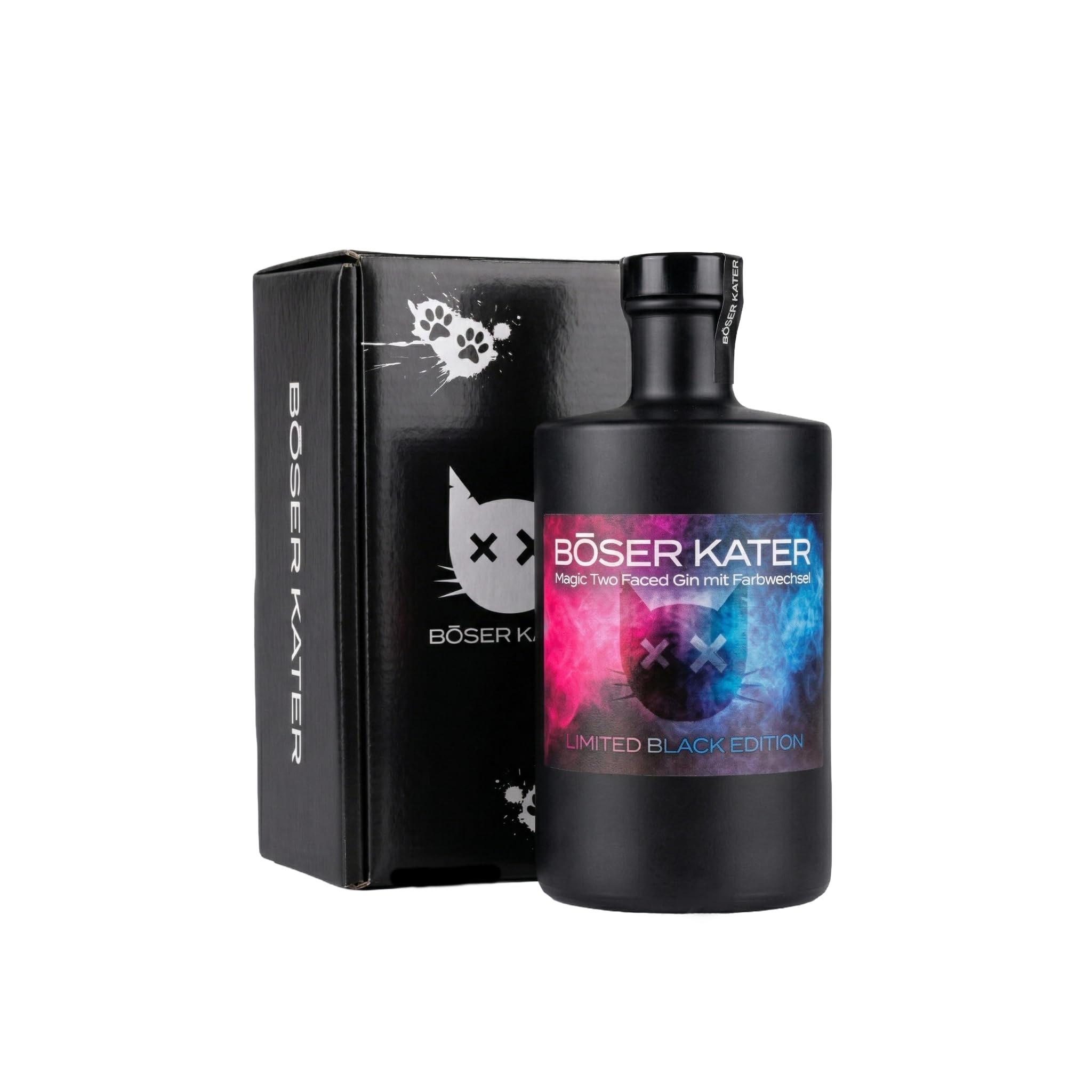 BÖSER KATER Limited Black Edition Magic Two Faced Gin | Farbwechsel-Effekt von Blau zu Violett durch Tonic Water | Das perfekte Geschenk in hochwertiger Geschenkbox | Handgemachter Gin 0,5l 40% Vol.