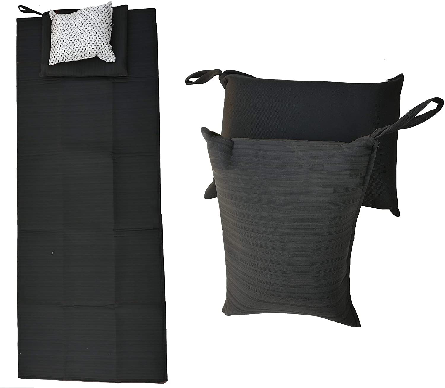 DAYISH Laminated Fabric Cushion Travel Mats Single Bed Mattress Light Weight-Durable-Foldable Soft Floor Mats with Pillow and Storage Bag For Train Bus Picnics and Outdoor Activities (180x65cm, Black)