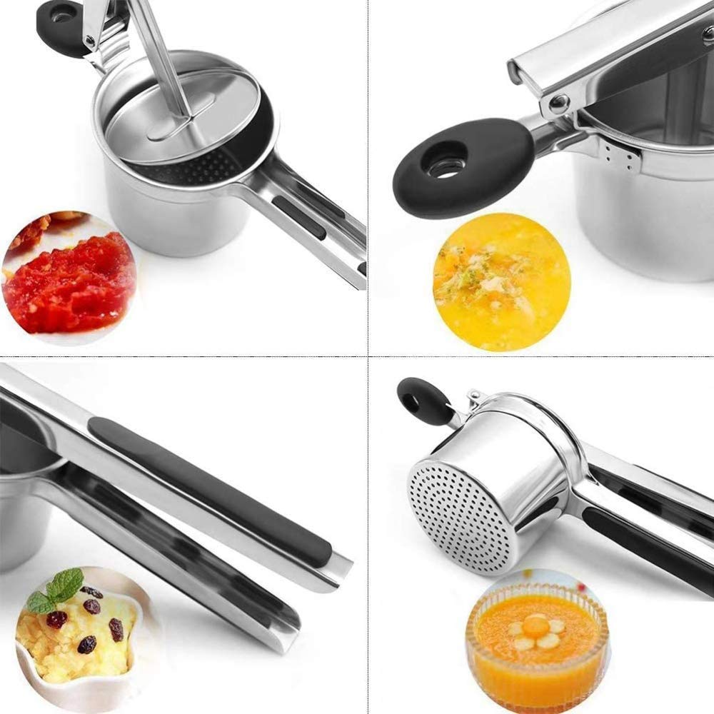 Edelstahl Potato Ricer Professioneller Kartoffelstampfer, Hochleistungs-Obstpresse für Babynahrung, Gemüse, Püree - Rutschfeste Silikongriffe, 3 austauschbare Siebe für Fein, Mittel, Grob, Silber