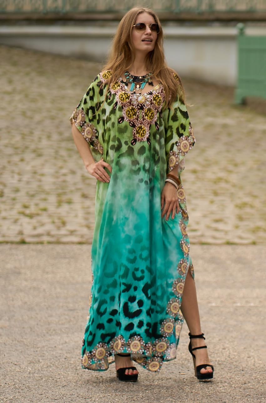 Women's Plus Size Moroccan Print V-Neck Batwing Kaftan Loose Fit Beach Dress Bathing Suit Cover Up - Image 5