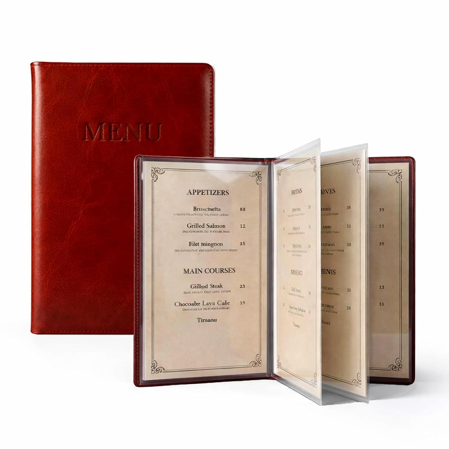 2-Pack Mahogany Red Vegan Leather Menu Cover with Embossed MENU Design 8.5x11 4 Page 8 View Clear Sleeves Restaurant Menu Holder Presentation Folder Portfolio Binder Sheet Music Professional