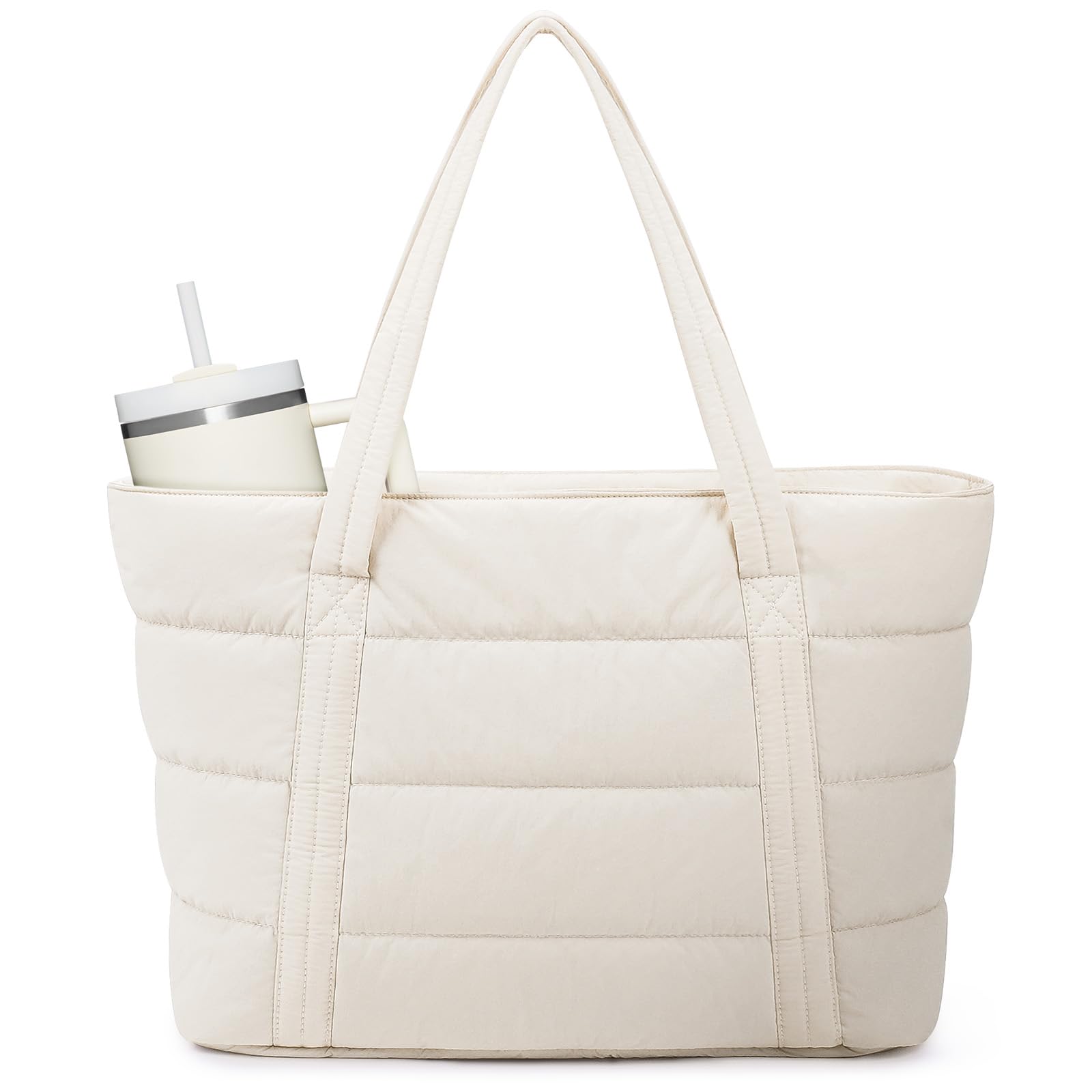 Narwey Puffer Tote Bag for Women with Cup Holder Laptop Compartments Quilted Puffy Travel Work Tote Bags for