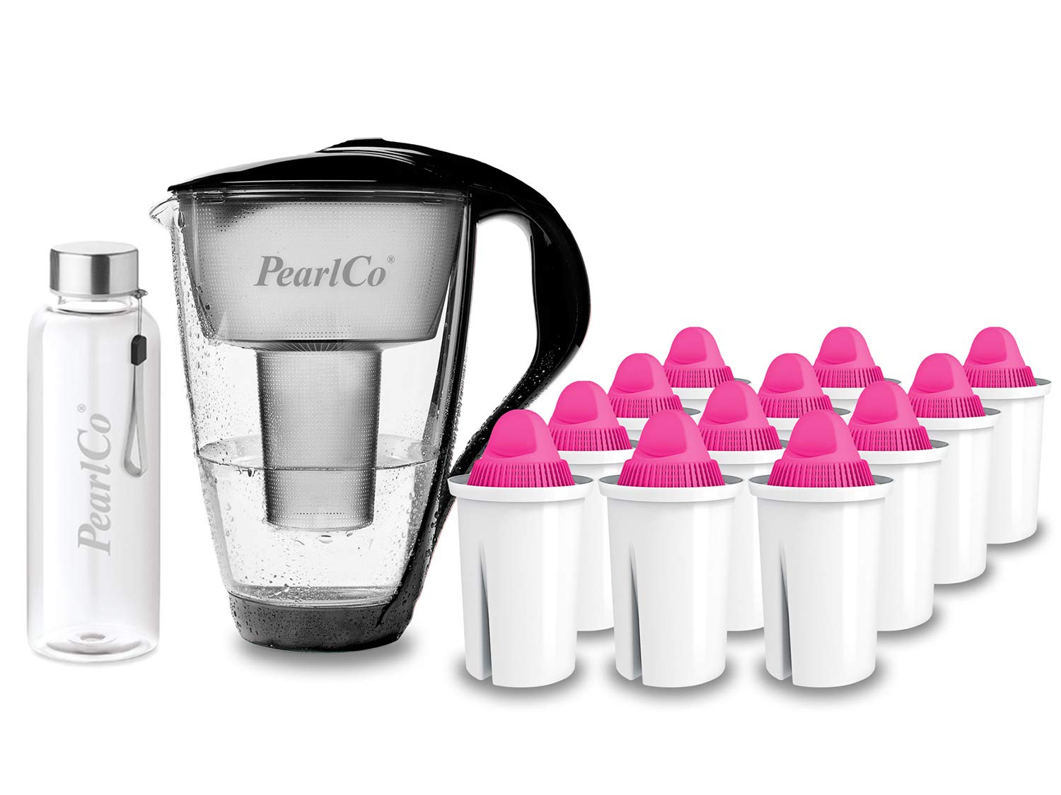 PearlCo - Szklany filtr do wody (czarny) z 12 wkładami filtrującymi z magnezu Classic + 1 butelka do picia ze szkła