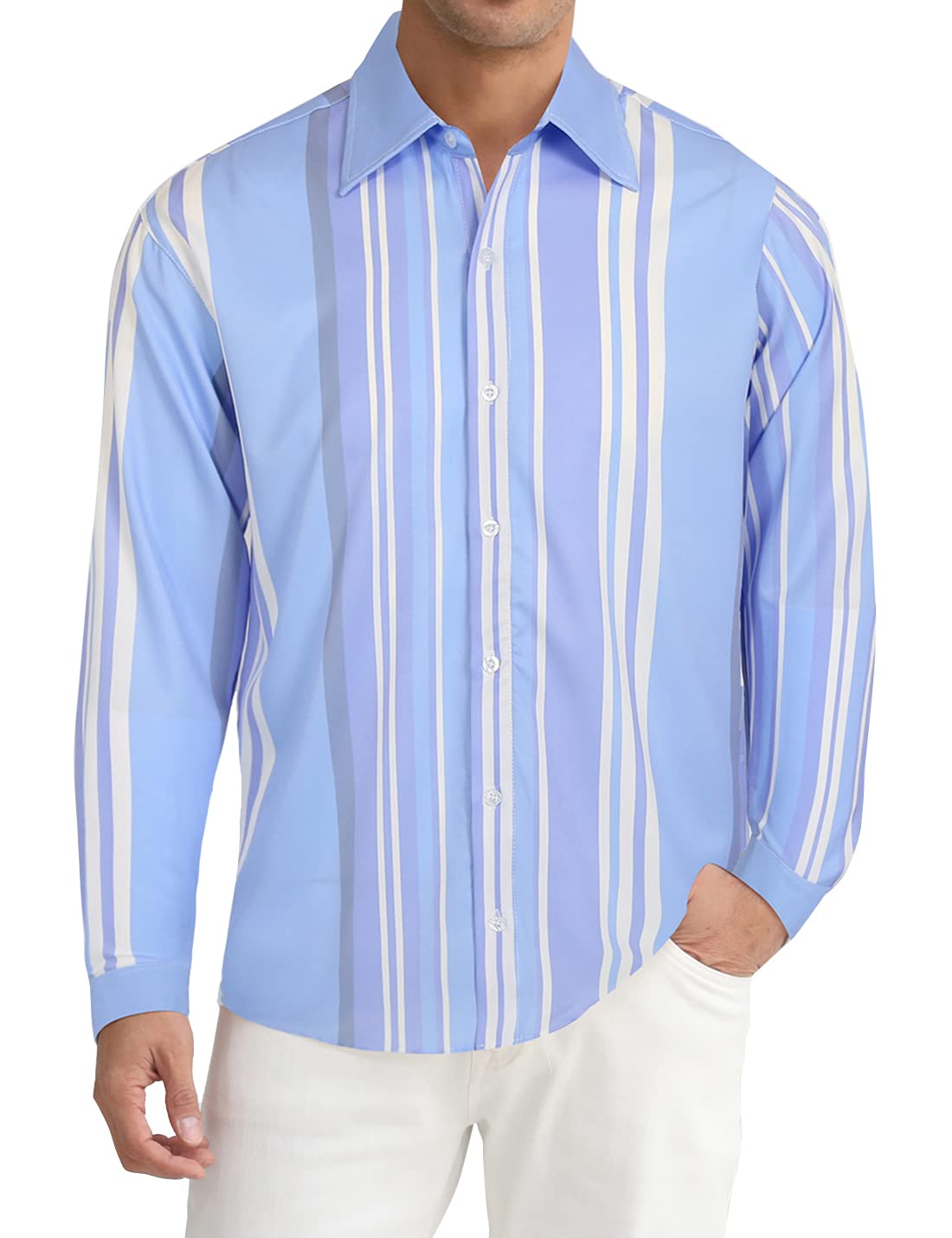 iCKER Men’s Casual Shirts Long Sleeve Striped Regular Fit Comfort Tops Button up Collar Dress Shirt for Men