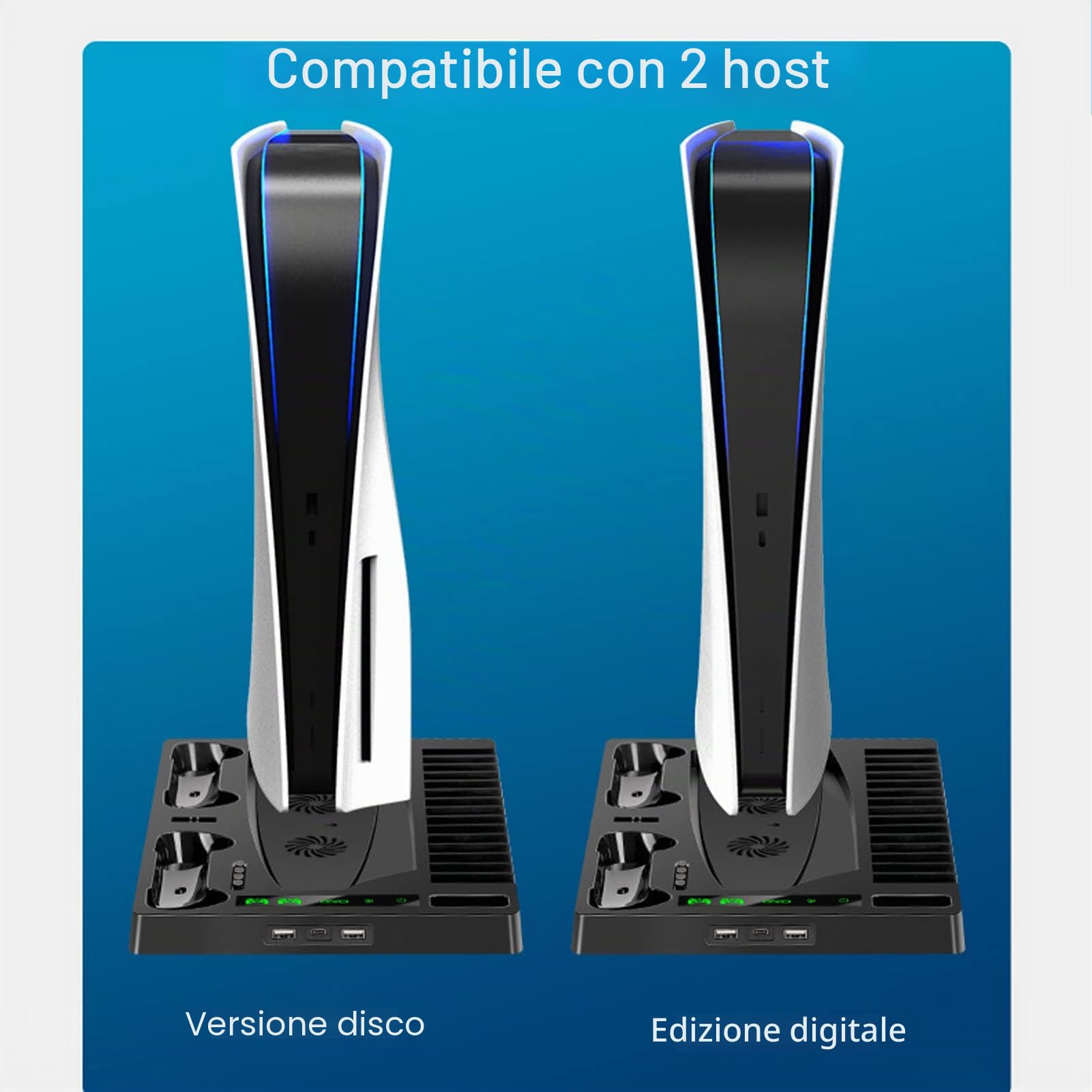 Goshyda Supporto per Ventola di Raffreddamento Verticale per Console PS5, Edizioni Digitali Caricatore Doppio Controller, 2 Ventole di Raffreddamento Silenzioso, Slot per Giochi