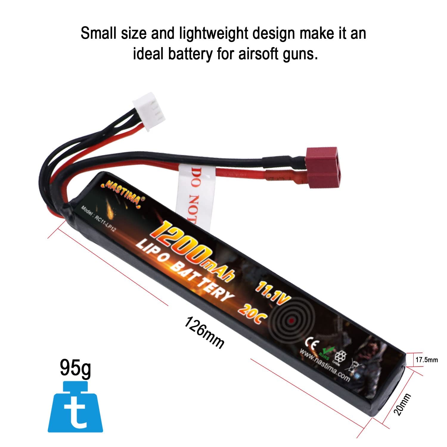NASTIMA 11.1V 1200mAh Airsoft Stick Batteria, 3S 20C Lipo Batteria con Connettore Deans-T per Airsoft Guns AK47, MP5K, MP5, Scar, M249, AUG, AEG