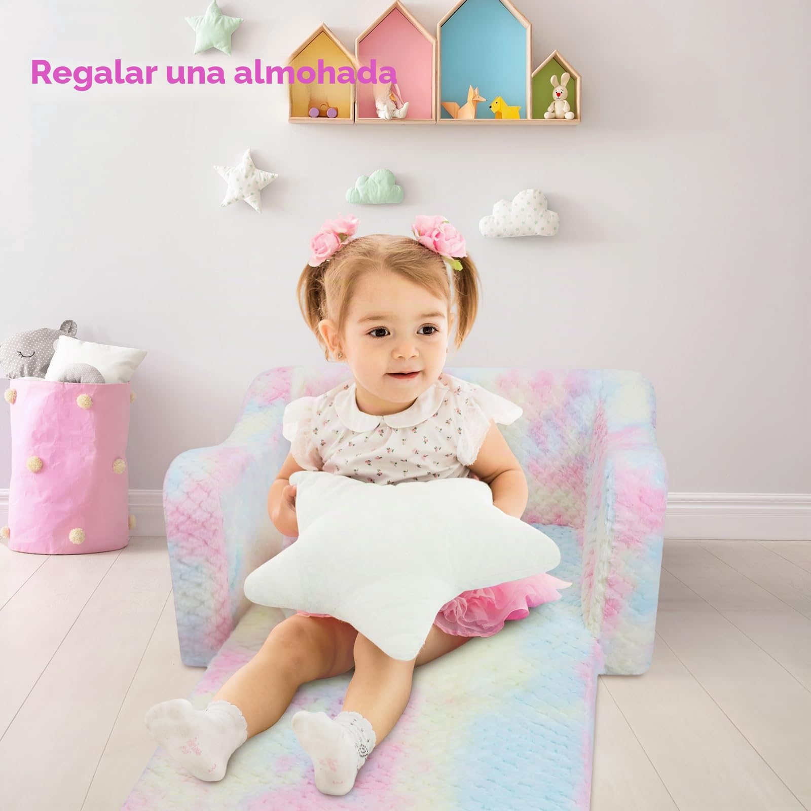decalsweet Sofás Plegables para Niños Sillón con Almohada Estelar 2 en 1, Sillón Infantil Cómoda Estable con Bolsillo de Tela, Sofá Cama Asiento para Bebé para Dormitorio Salón,Textura Rosa