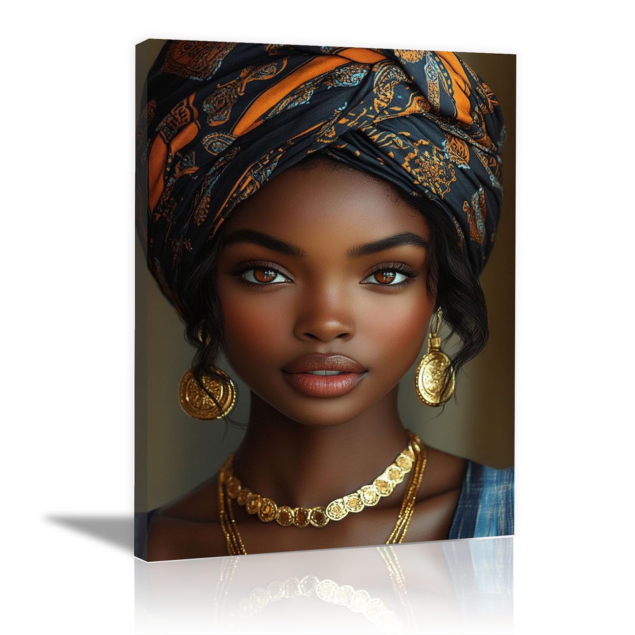 QUSAAOU African Americans Wall Art Woman Printed Headwrap Gold Jewelry Portrait Vintage Tribal Girl Images Elegant Paintings Of Black Women Suitable For Home Wall Decoration(black)-80x120cm1 Unframed