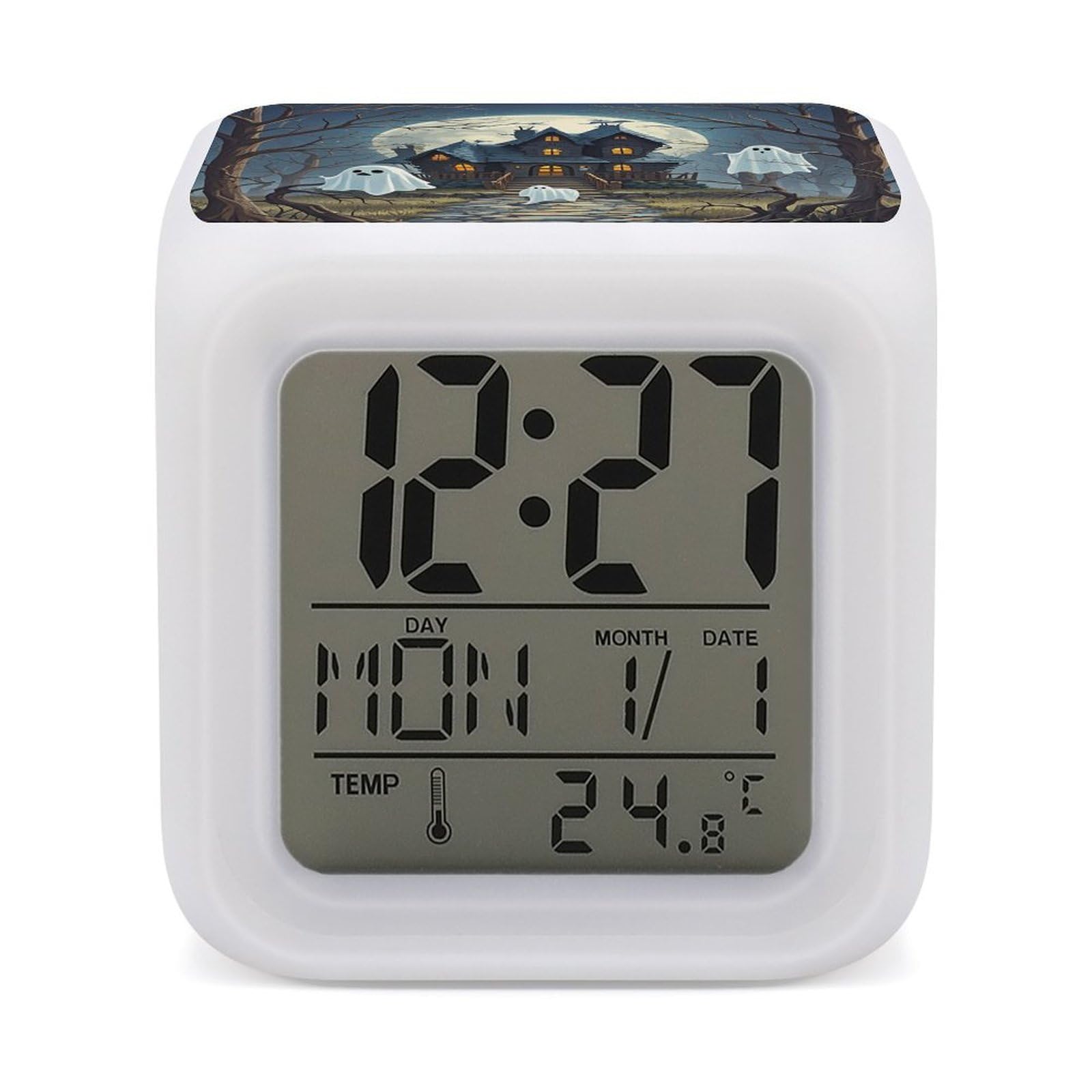 LZQPOEAS Haunted Mansion Alarm Clock Desk Clock with 7 Color Changing Night Light Digital Clocks with Temperature Display Sleep Training and Sound Machine for Heavy Sleeper