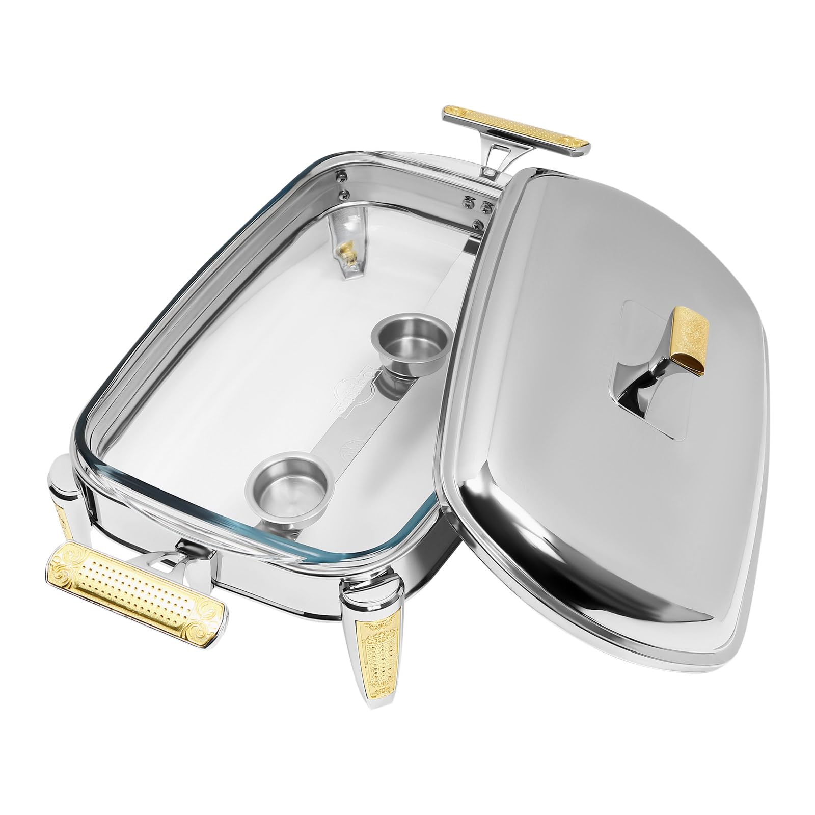 Serbatoio per alimenti in vetro da 2,2 l, con padelle, rettangolare, per pasti, chafing dish gastro con coperchio, per catering, buffet e feste, accessori per buffet, argento