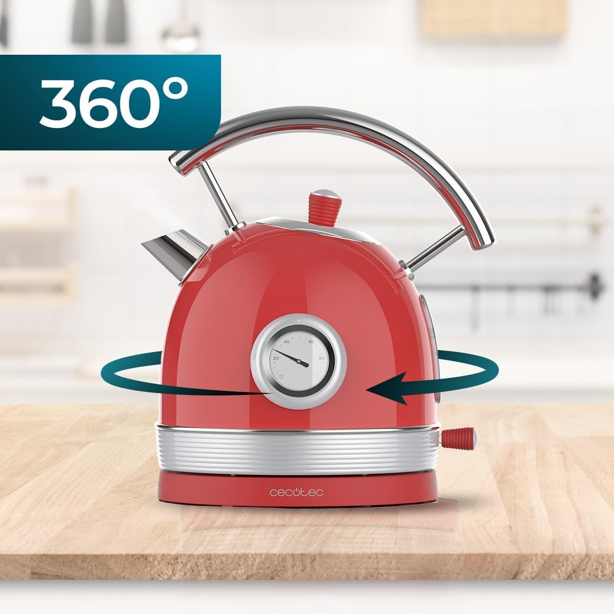 Cecotec Bollitore elettrico da 1,8 litri Thermosense 420 Vintage Light Red. 2200 W, 8 tazze da tè di capacità, misuratore di temperatura, stile vintage, base girevole a 360°, acciaio inox rosso