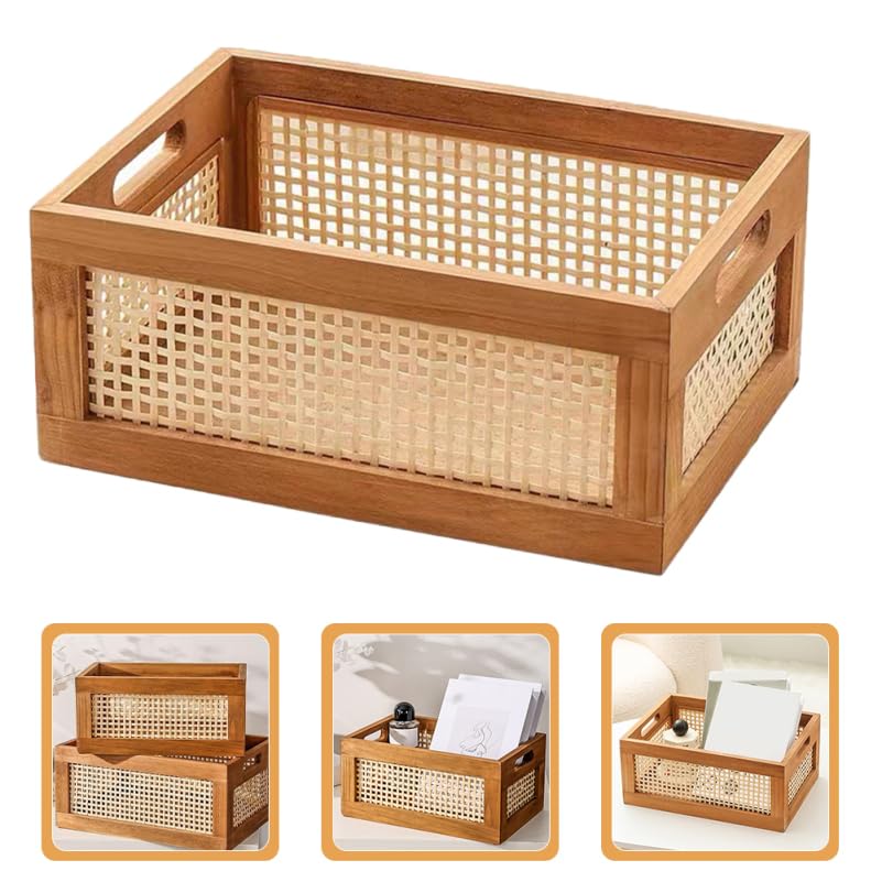 Ciieeo Panier De Rangement En Bois Massif Tissé À La Main 13.78X9.84X6.30 Pouces Boîte Décorative Fonctionnelle Pour Bureau Et Maison Rangement Bureau Collations Cosmétiques