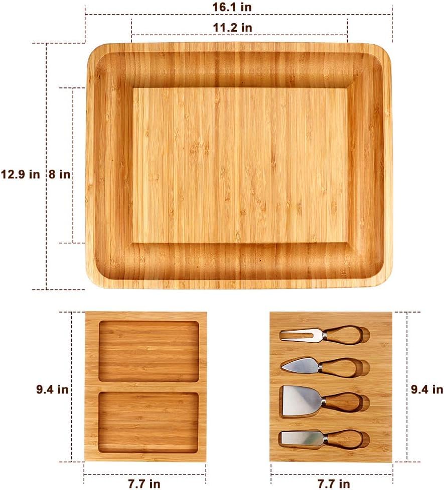 LATERN Set de Planches à Fromage en Bambou, 35CM x 27CM Plateau à Charcuterie et Fromages avec 4 Couteaux à Fromage pour Noël Mariages Pendaison de Crémaillère Action de Grâce Fête