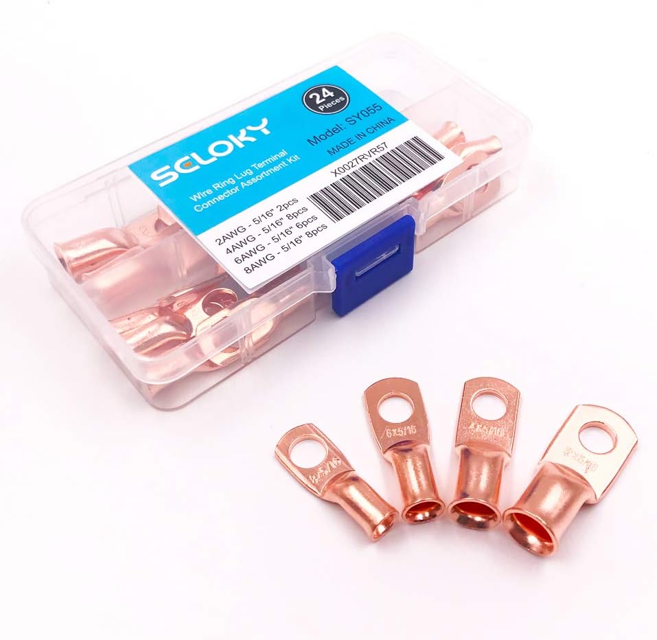 24pcs 4types Heavy Duty Wire Lugs Battery Cable Closed Ends Bare Copper Eyelets Tubular Ring Terminal Connectors Assortment Kit
