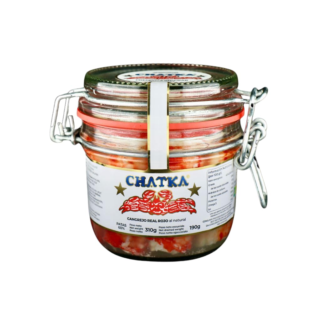 Chatka. Conserva en bote de cristal con 60% patas de auténtico cangrejo real rojo y carne desmigada (190 gram)