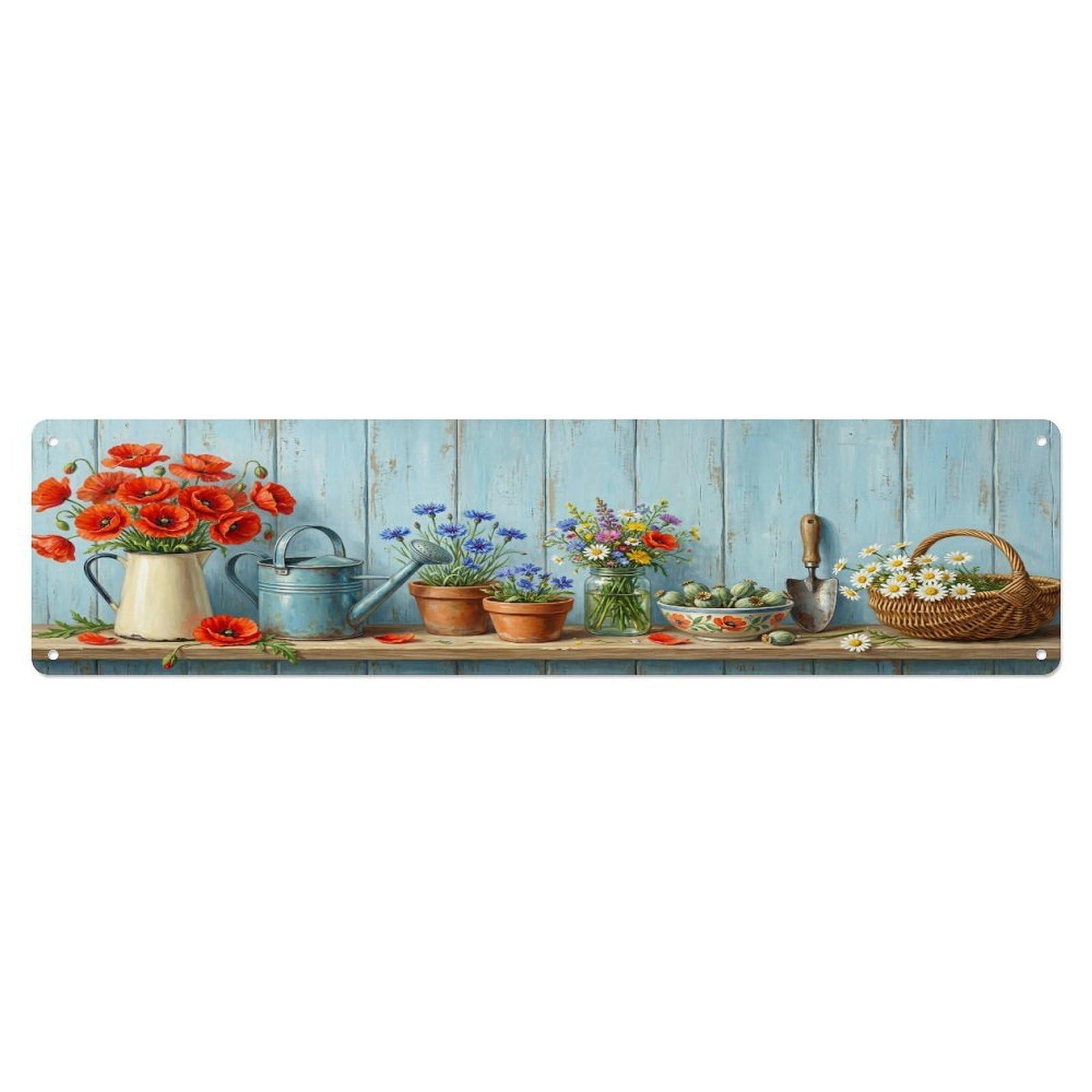 Floral Garden Tools Poppy Pitcher Pattern Print Metal Tin Sign