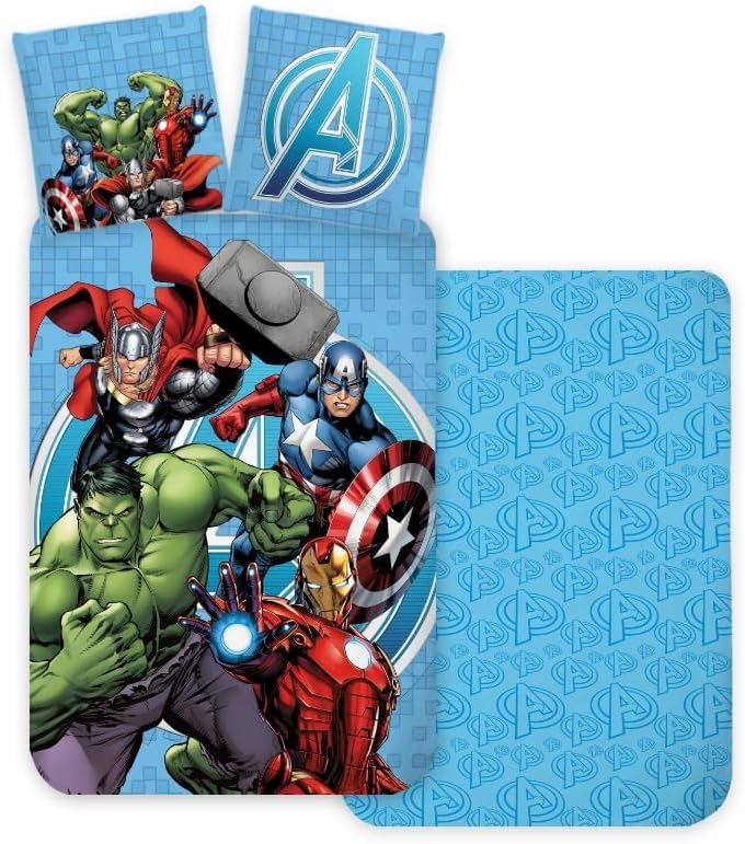 Marvel Avengers Parure de lit Enfant | Housse de Couette 140x200 cm + taie d’Oreiller 50x70 cm, 100% Coton | Parure Douce et Respirante pour Enfants | Design...
