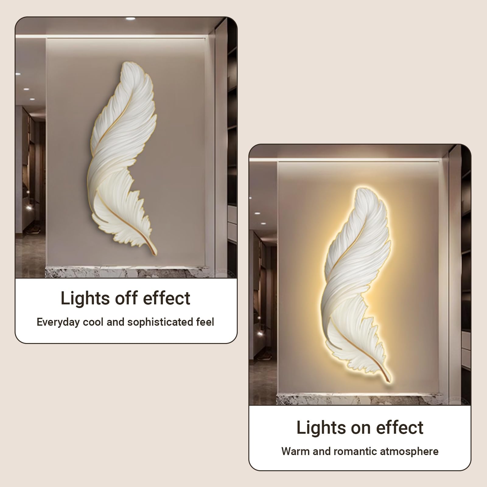 Decorazione murale 3D, Arte murale con luci a LED, Grande Scultura da Parete a Forma di Piuma, per Ingresso, corridoio, Camera da Letto, Alimentazione a Spina(A,30 * 80cm/11.8 * 31.5in)