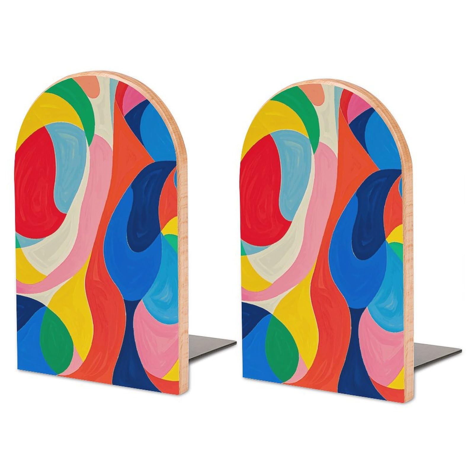 Grand serre-livres en hêtre massif et métal au design de peinture abstraite artistique