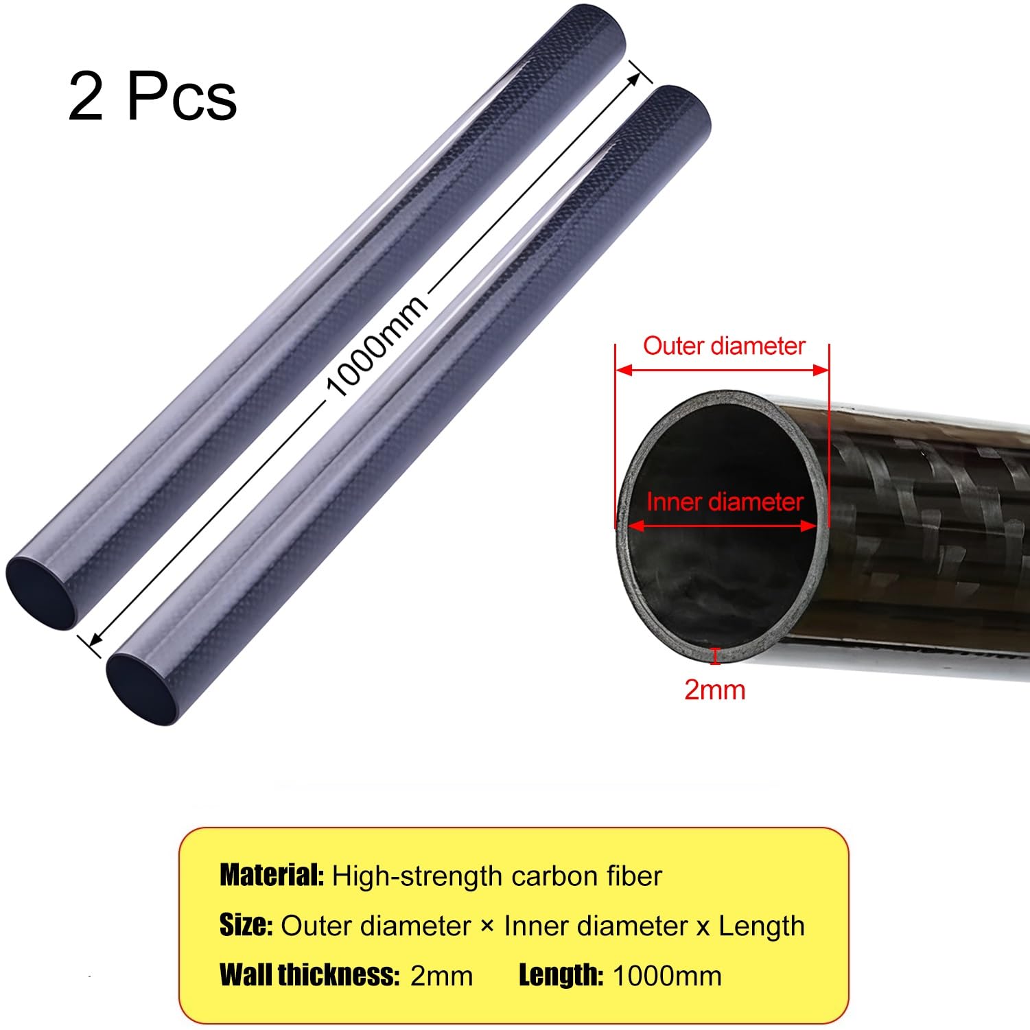 Tubo de fibra de carbono, Tubos de fibra carbono 3K, negros, 7-45 mm x 1000, paquete 2 o 3 for drones, robótica industrial(Black-2pcs,16x12x1000mm)