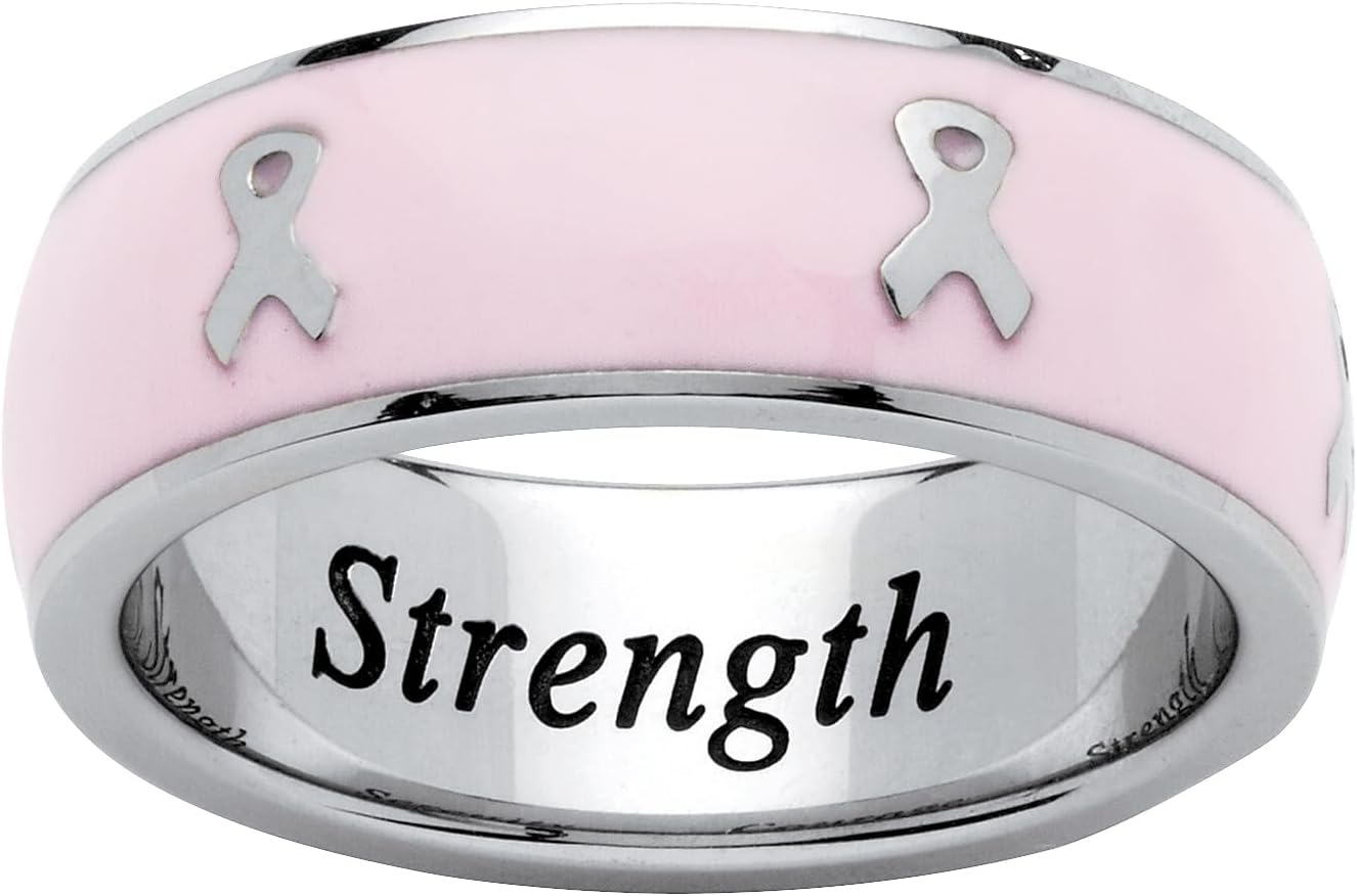 PalmBeach Stainless Steel Enamel Breast Cancer Ribbon Strength Inscribed Ring (6.5mm) Sizes 7-10