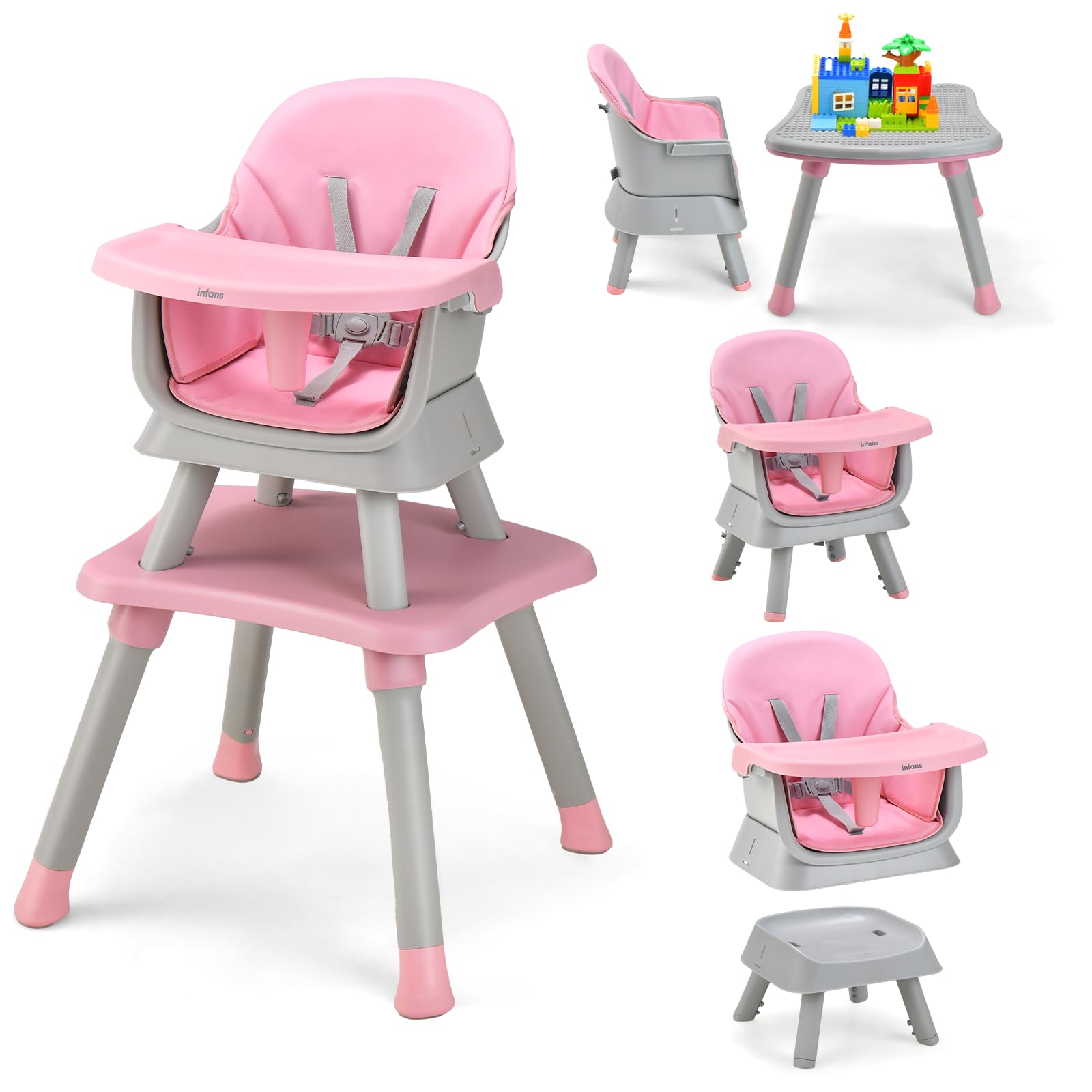 INFANS 8 in 1 Baby High Chair, Convertible Highchair for Babies and Toddlers, Infant Dining Booster Seat, Building Block Table, Kids Stool Table Chair Set with Removable Tray (Peach)