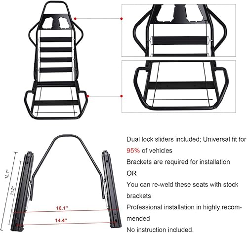 Miniatura 9 de Asientos de carreras para automóvil par de asientos de cuero de PVC con doble deslizador color rojo con costuras rojas