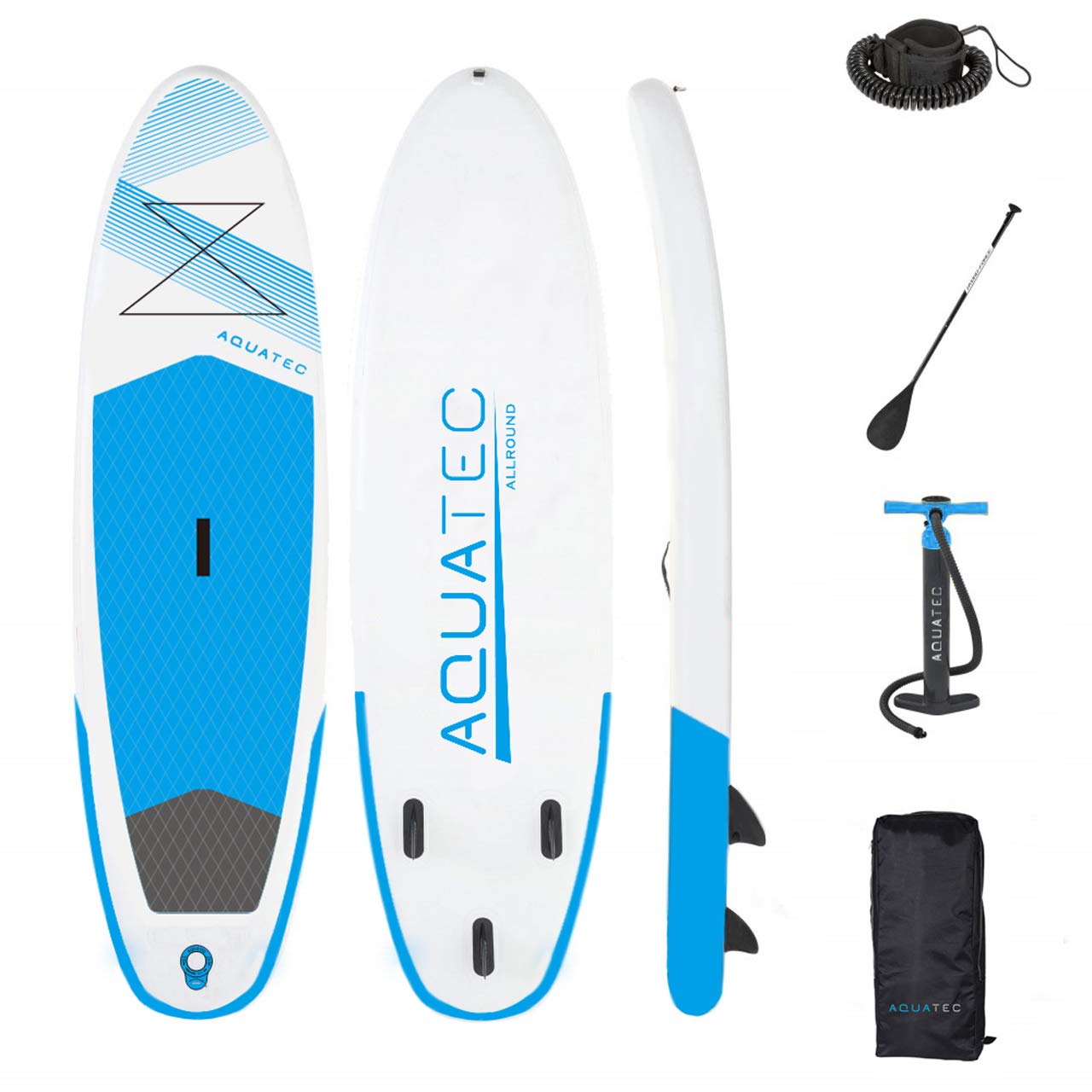 AQUATEC Planche Gonflable Stand Up Paddle | Board Sup 320cm ou 350cm avec Pagaie Réglable, Sac à Dos PVC & Pompe Double Action