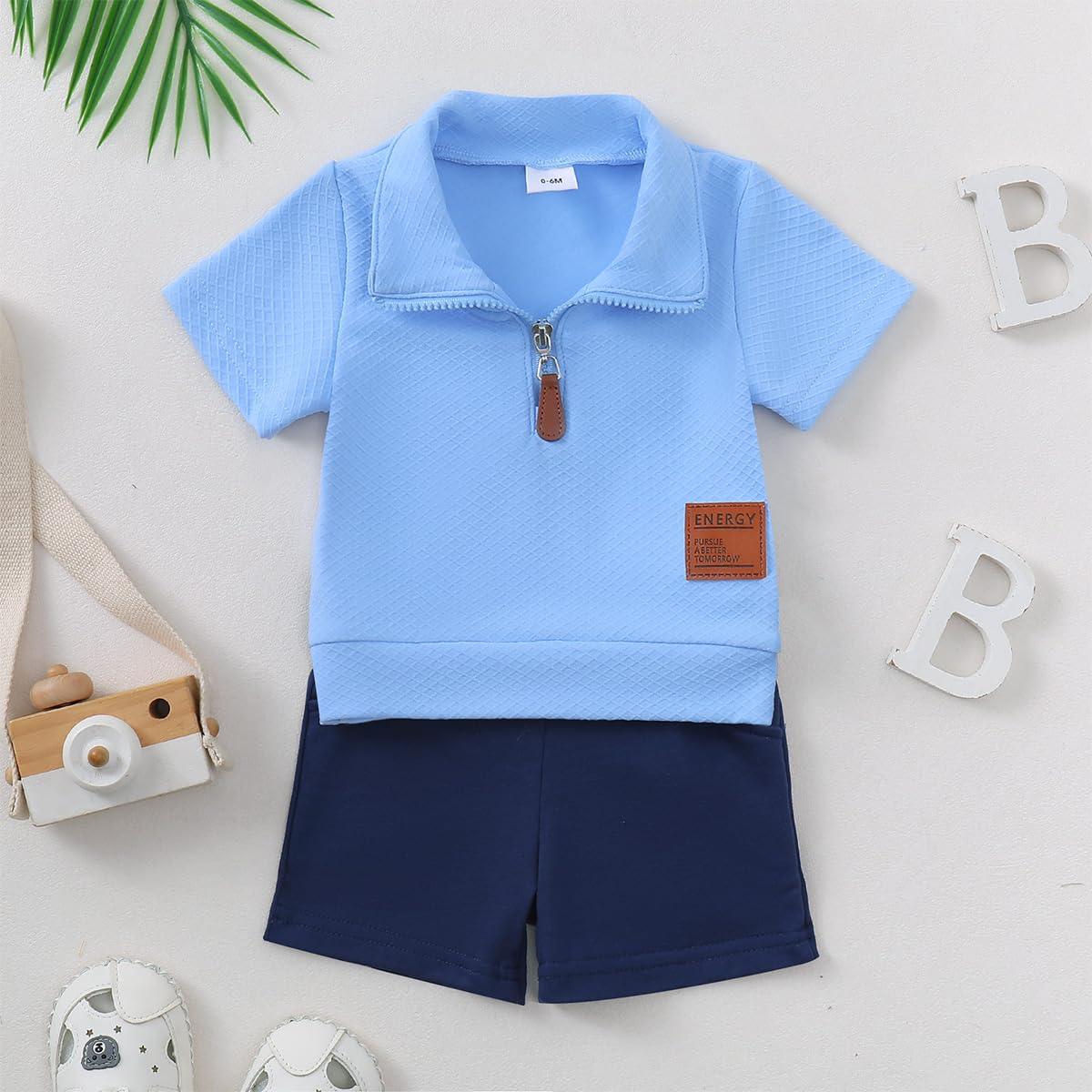 Abbigliamento Set per Bambini Piccoli Manica Corta Colletto Rovesciato Tinta Unita/Stampato Maglietta E Pantaloncini Completo Tuta Set Estivo - 2