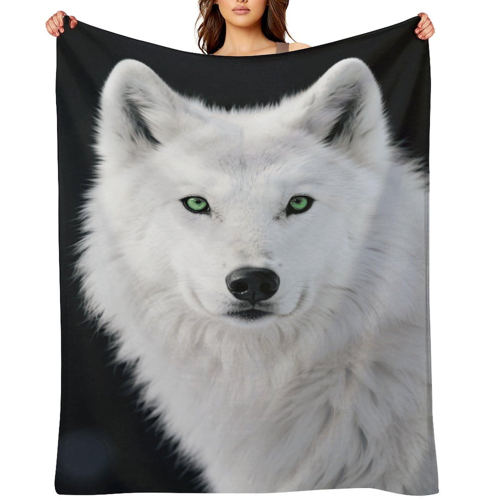 Cool White Wolf with Green Eyes Throw Blanket for Couch and Bed Super Soft Warm Lightweight Throw Blankets Cozy Fuzzy Flannel Blanket Personalized Decorative Blankets for Sofa Decor 40"x50"