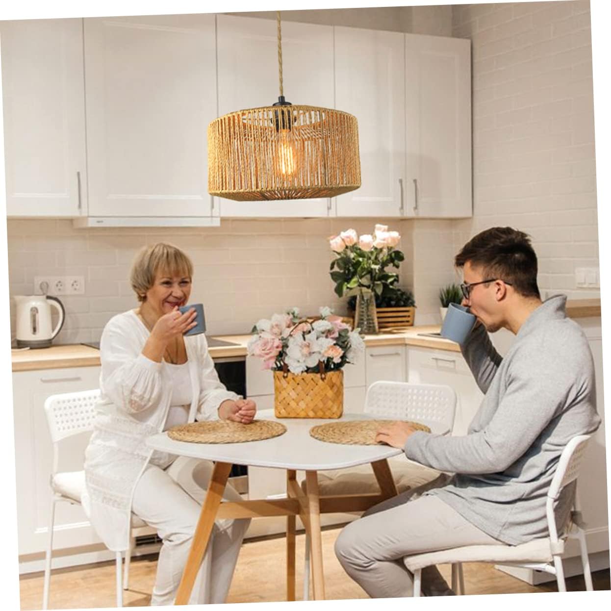 Zerodeko Rattan Weaving Pendant Lamp Shade Cover Adjustable Hanging Light Fixture for Bedroom Living Room Rustic Farmhouse Decor Us Plug No Light Source Included