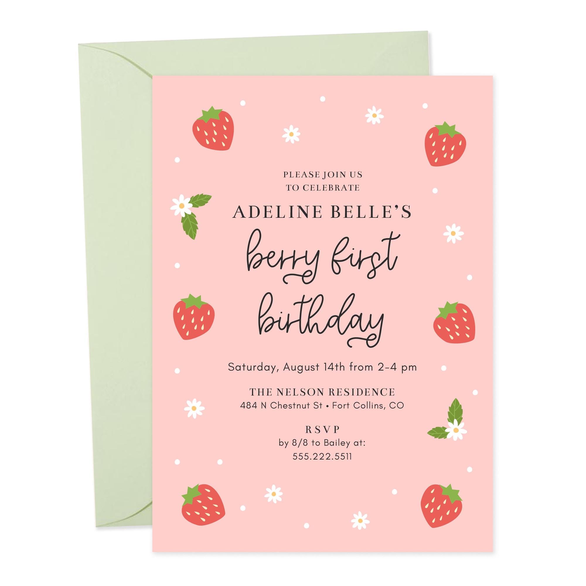 Hello Love Goods 5x7 Berry First Birthday Party Invitations, Personalized Strawberry 1st Birthday Invites with Envelopes