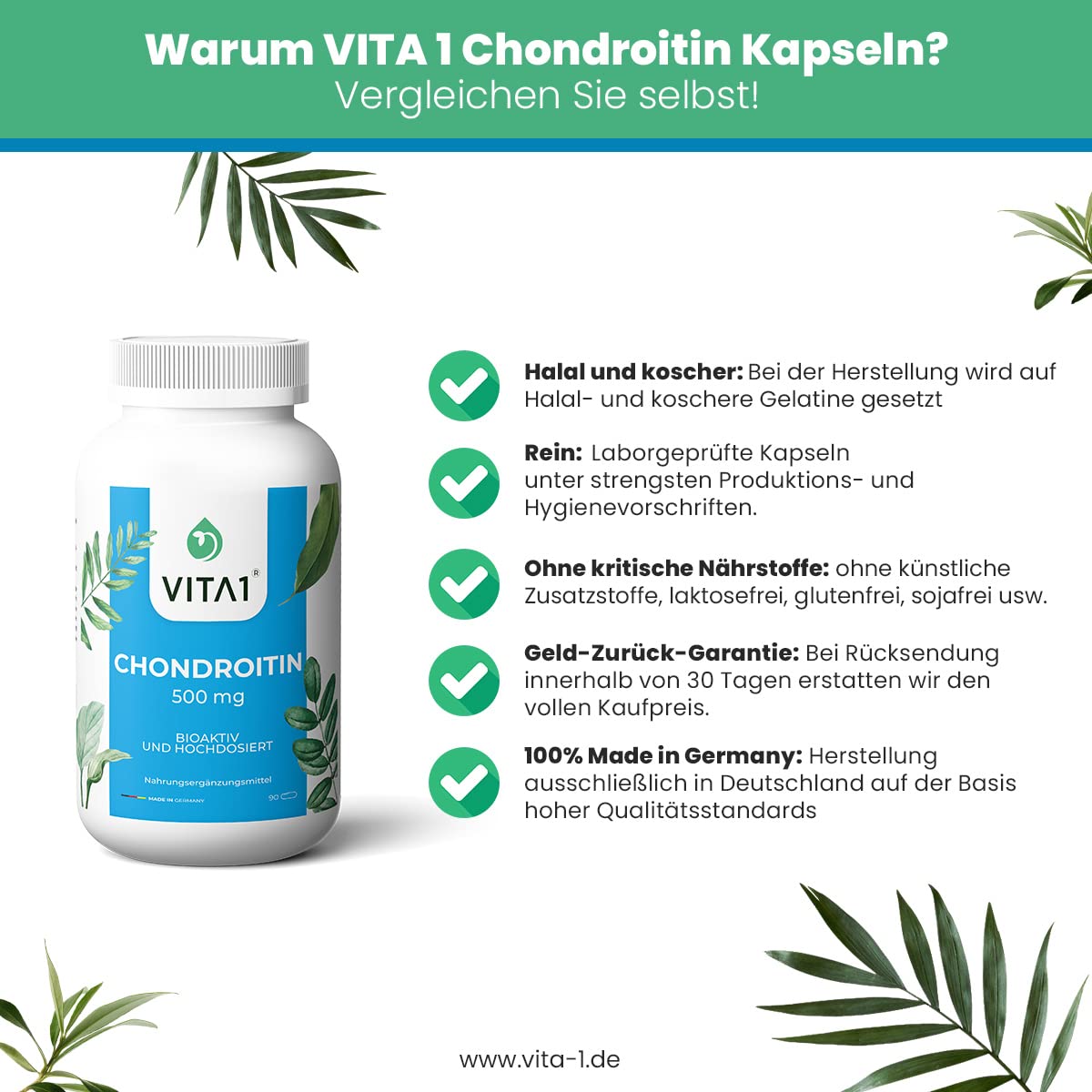 VITA1 Chondroitin 500mg • 90 Kapseln (6 Wochen Vorrat) Chondroitinsulfat von 90%natürlichen Chondroitin