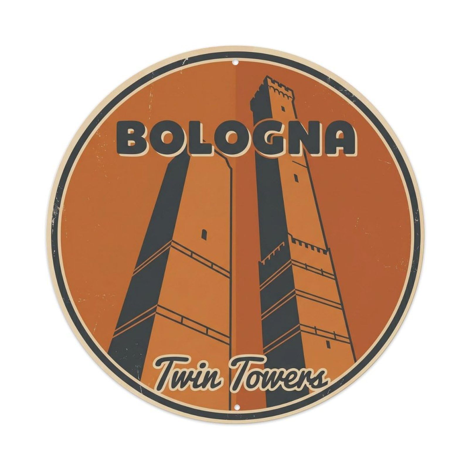 Bologna Towers Italy Travel Map Vintage Landmark Cartography Metal Tin Sign Plaque Wall Decor for Cafe, Man Cave, Club Bar, Office, Home Garden Round Metal Poster 8x8Inch