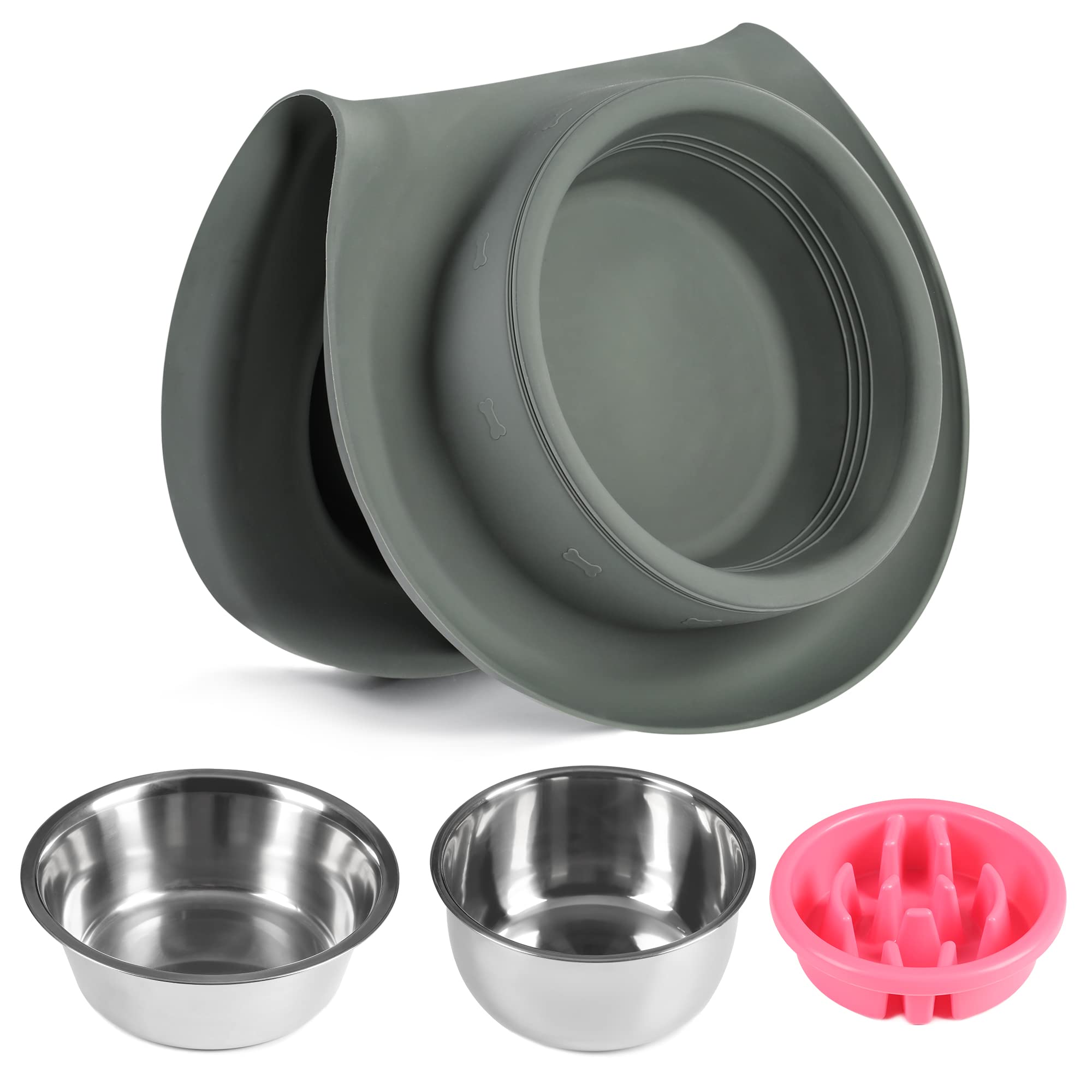 Miski dla zwierząt domowych 2 miski dla psa ze stali nierdzewnej (1,5 g + 760 g) z 3 cm bez rozlania, antypoślizgowa mata silikonowa + powolne karmienie dla psów i karmy do karmienia małych dużych psów, kotów, szczeniąt (szare)