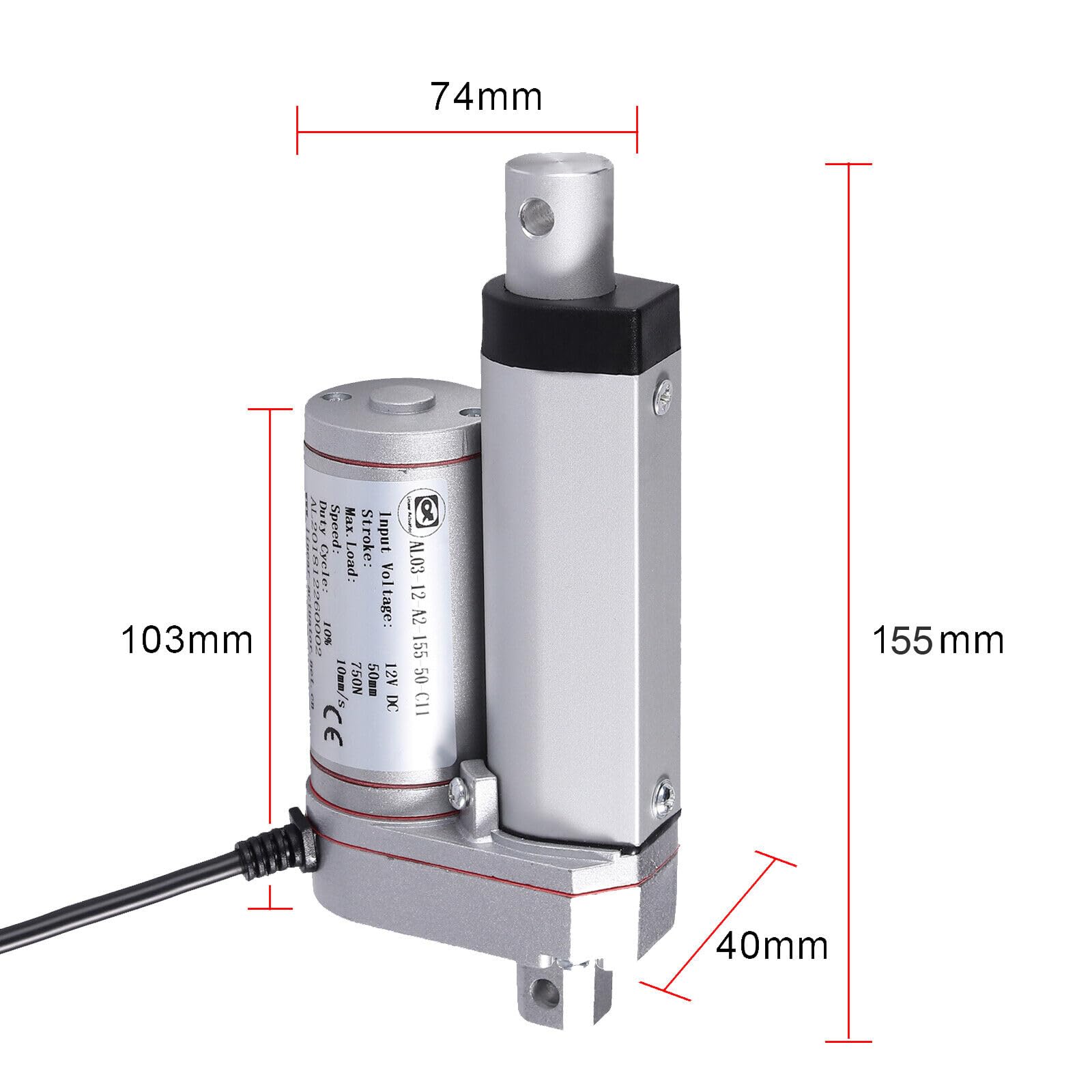 Accionamiento lineal DC 12V 750N 50mm 165lbs Actuador lineal eléctrico Motor lineal de 50mm para motor DIY Auto Muebles Elevación de sofá