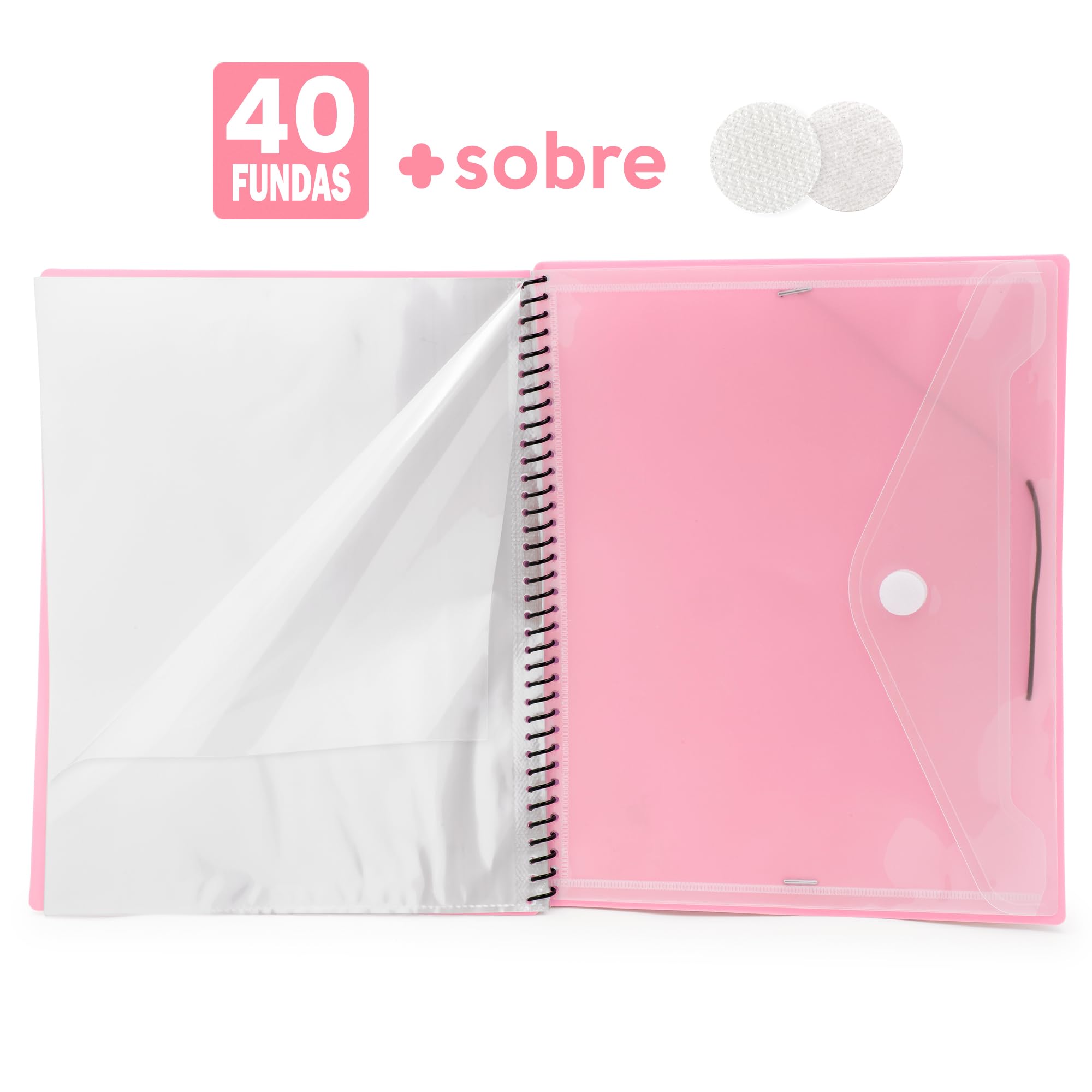 Starplast Dossier Pochettes spiralées flexibles - 40 pochettes transparentes, A4, fermeture élastique, couverture en polypropylène, personnalisable, utilisation scolaire et de bureau - rose pastel