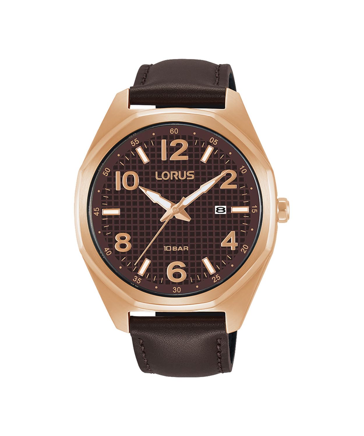 Lorus Reloj para hombre con correa de piel de oro rosa RH972NX9 de 42 mm, marrón, Correa