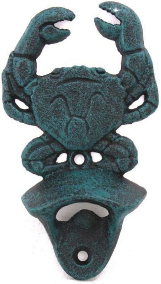 Hampton Nautical Seaworn Blue Cast Iron Wall Mounted Crab Bottle Opener, 6"
